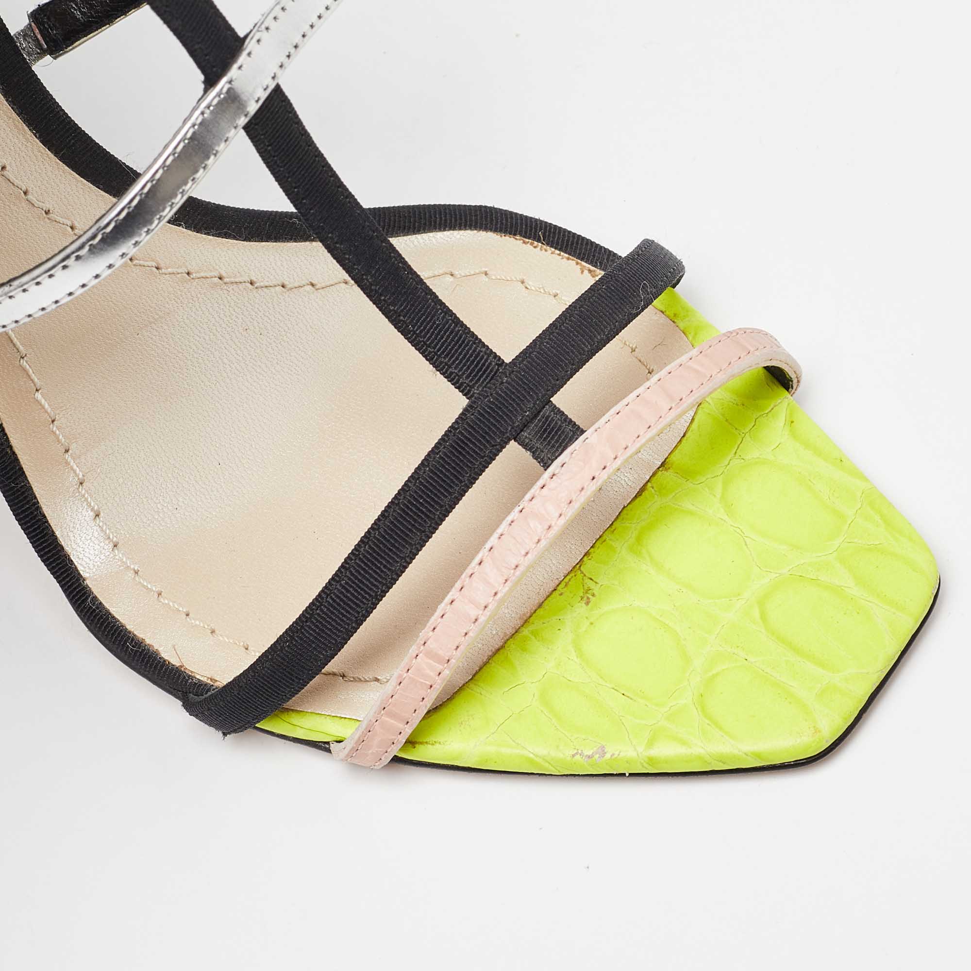 Dior Multicolor Croc Embossed Leather And Canvas Strappy Ankle Strap Sandals Size 37