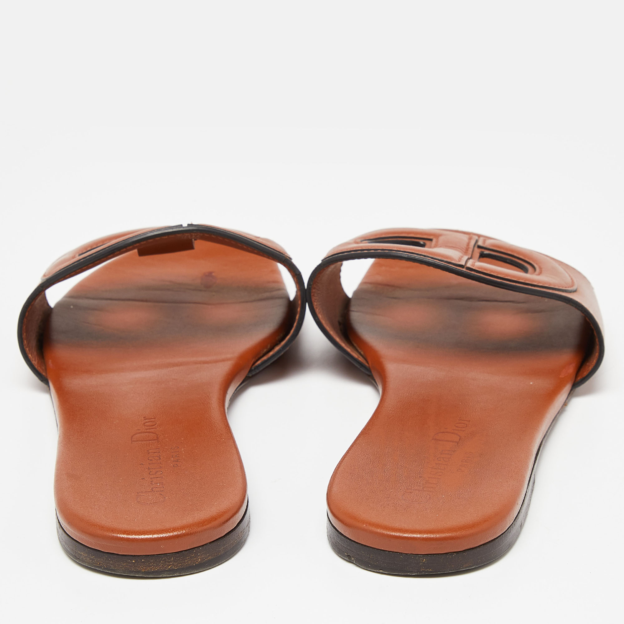 Dior Tan Leather D-Club Flat Slides Size 37