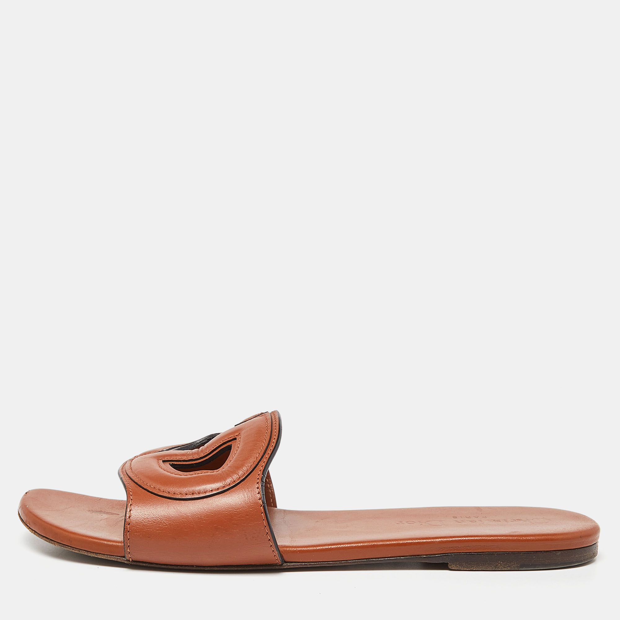 Dior Tan Leather D-Club Flat Slides Size 37