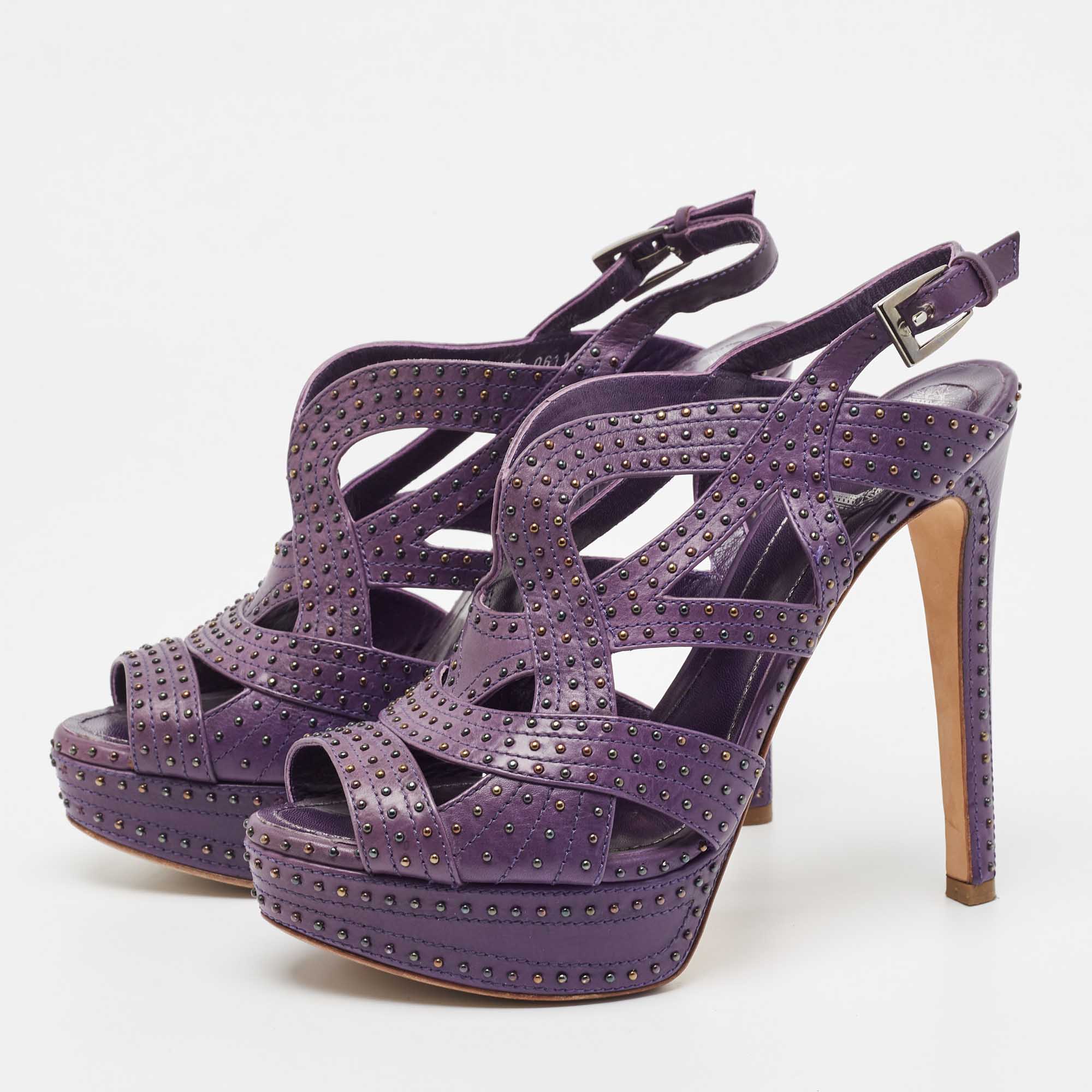 Dior Purple Leather Studded Platform Ankle Strap Sandals Size 38.5