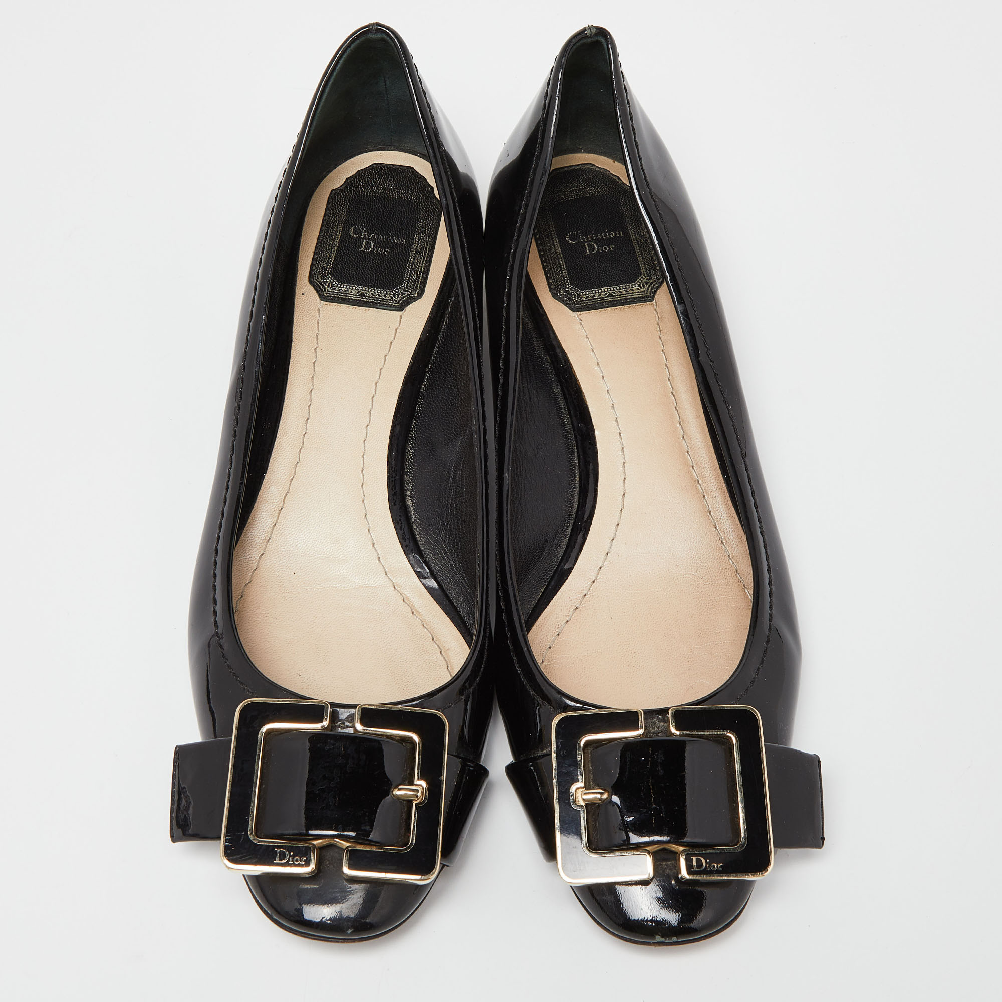 Dior Black Patent Leather Logo Ballet Flats Size 38.5