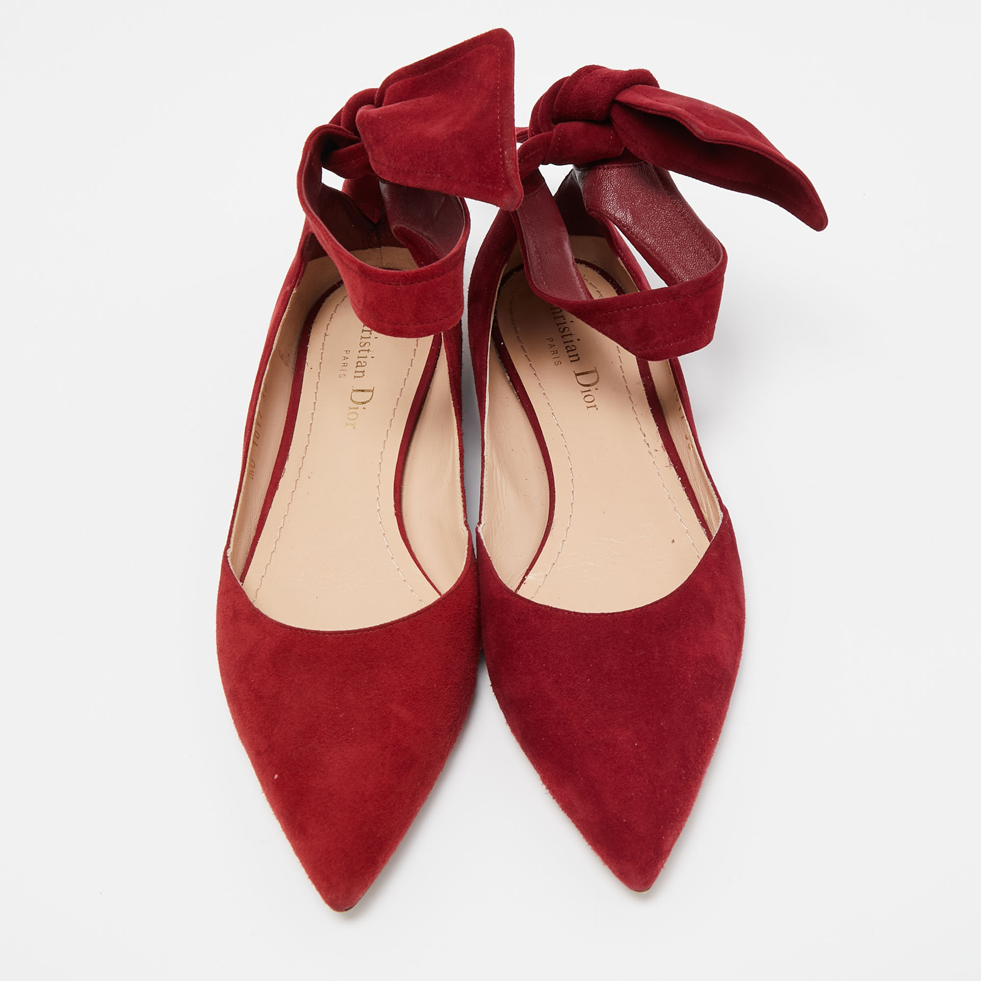 Dior Red Suede Ankle Wrap Ballet Flats Size 38