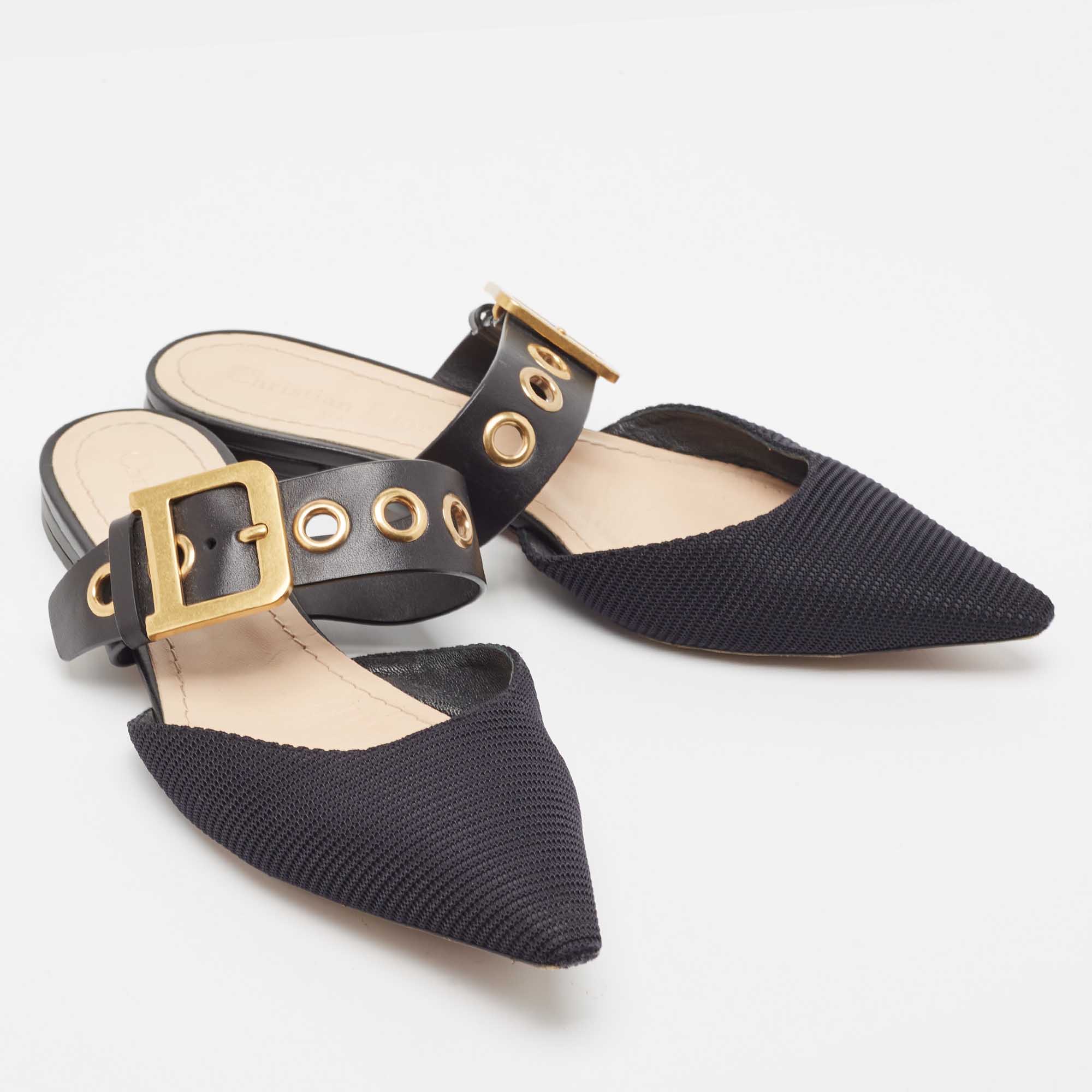 Dior Black Canvas And Leather D-Dior Flat Mules Size 38.5