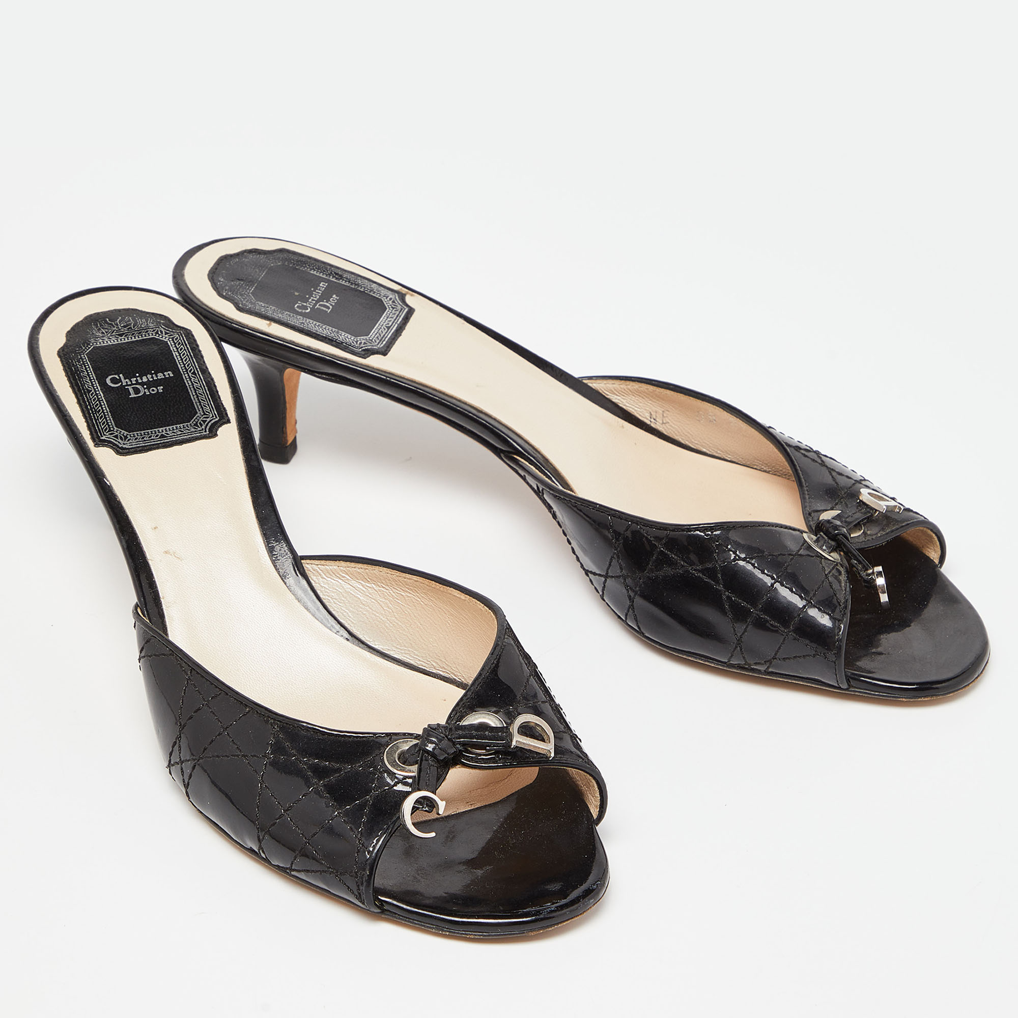 Dior Black Cannage Patent Leather Buckle Open Toe Sandals Size 38.5