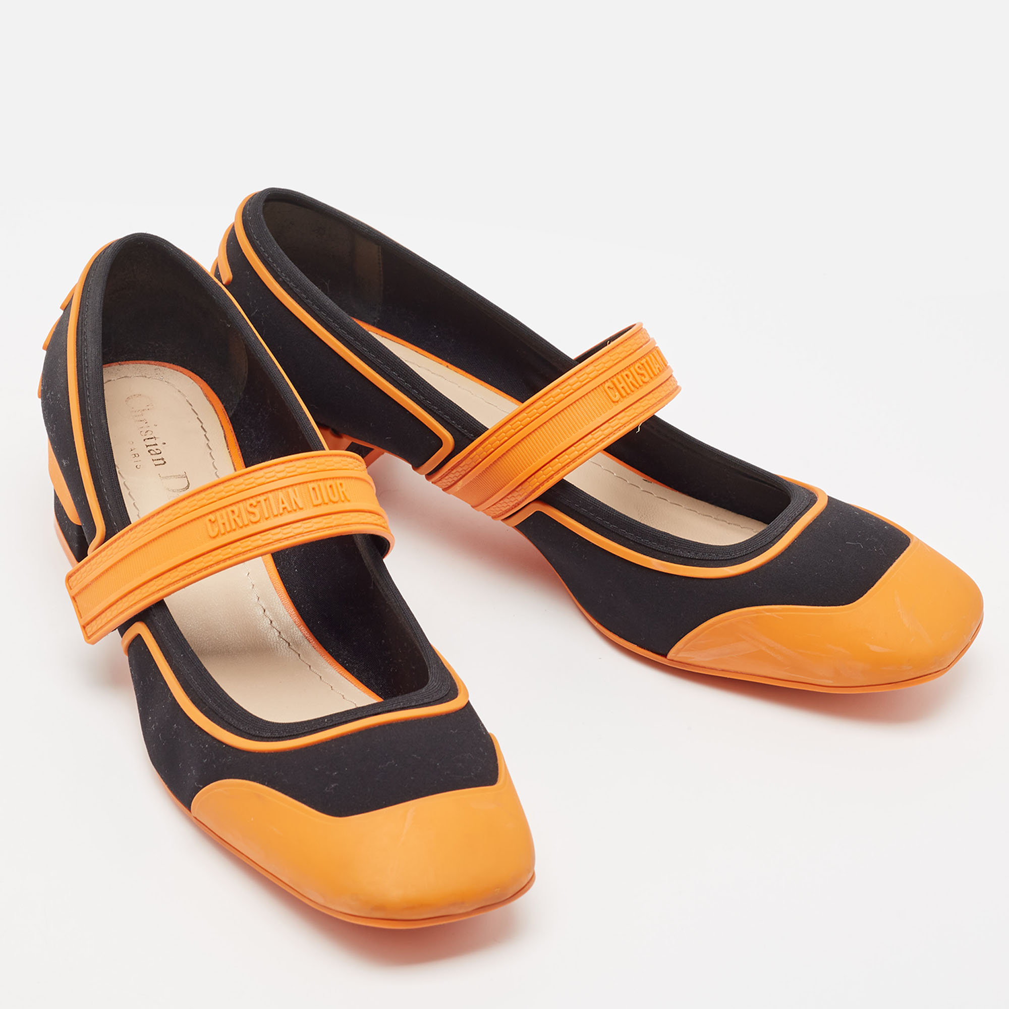 Dior Orange/Black Rubber And Fabric Roller Mary Jane Pumps Size 40