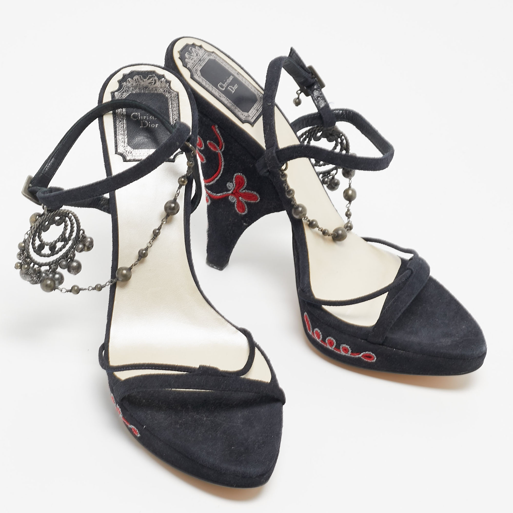 Christian Dior Black Suede Embellished Ankle Strap Sandals Size 36.5