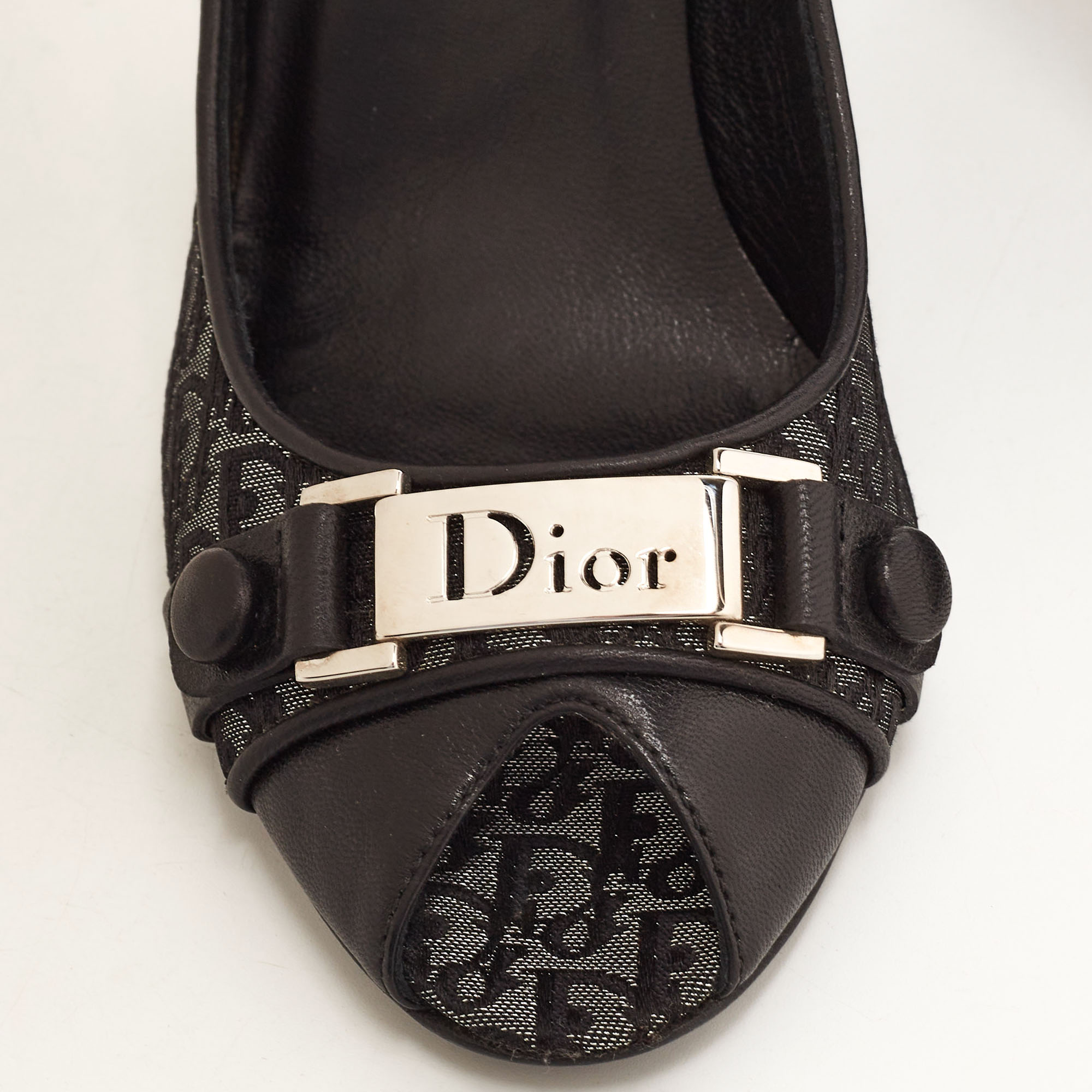 Dior Black/Grey Leather And Canvas Peep Toe Pumps Size 36.5