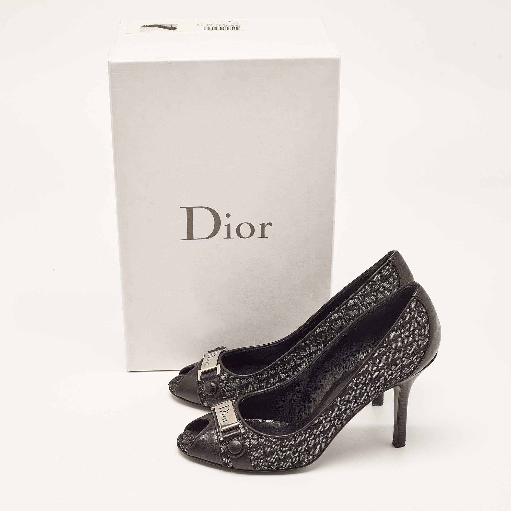 Dior Black/Grey Leather And Canvas Peep Toe Pumps Size 36.5