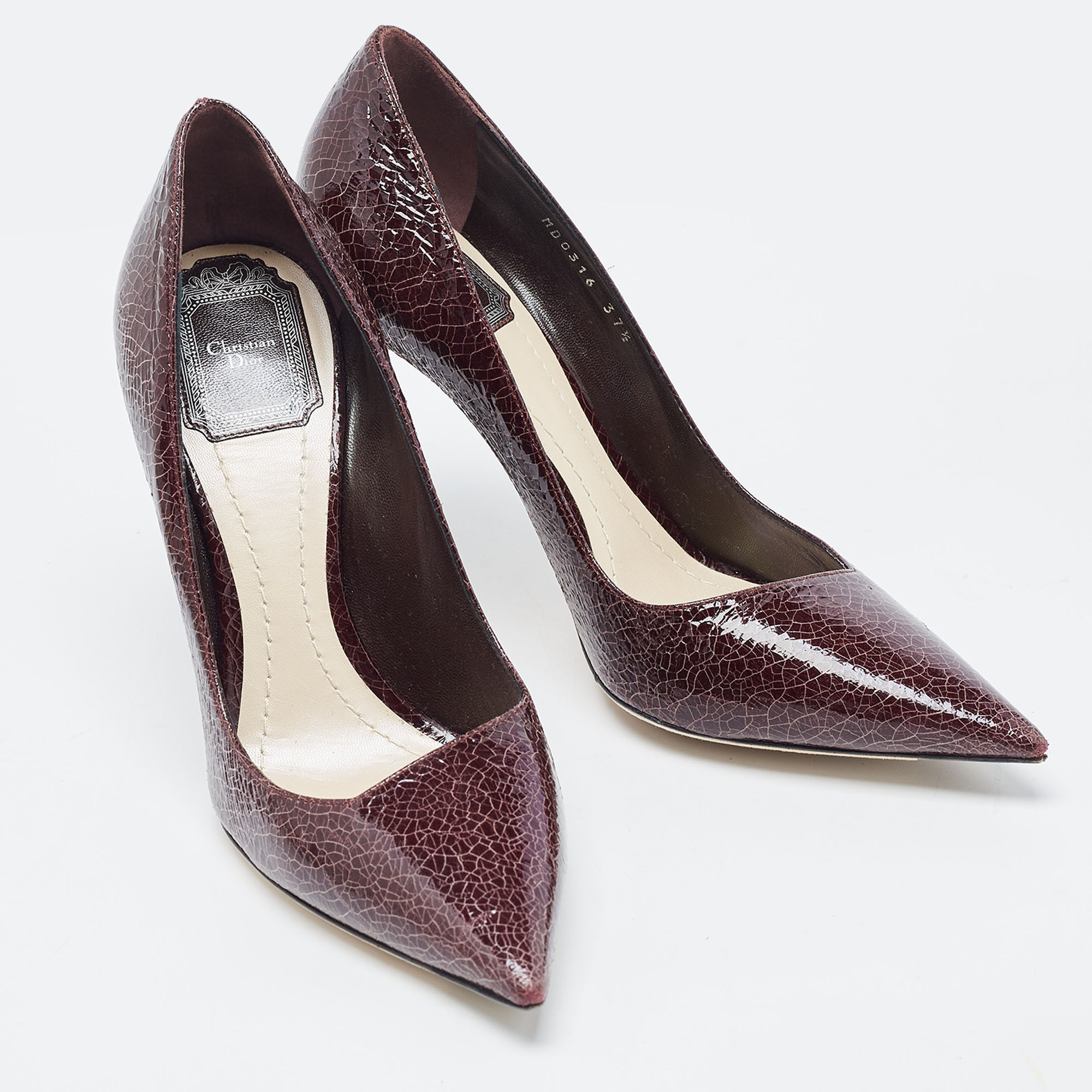 Dior Plum Crackled Patent Leather Curve Heel Pumps Size 37.5