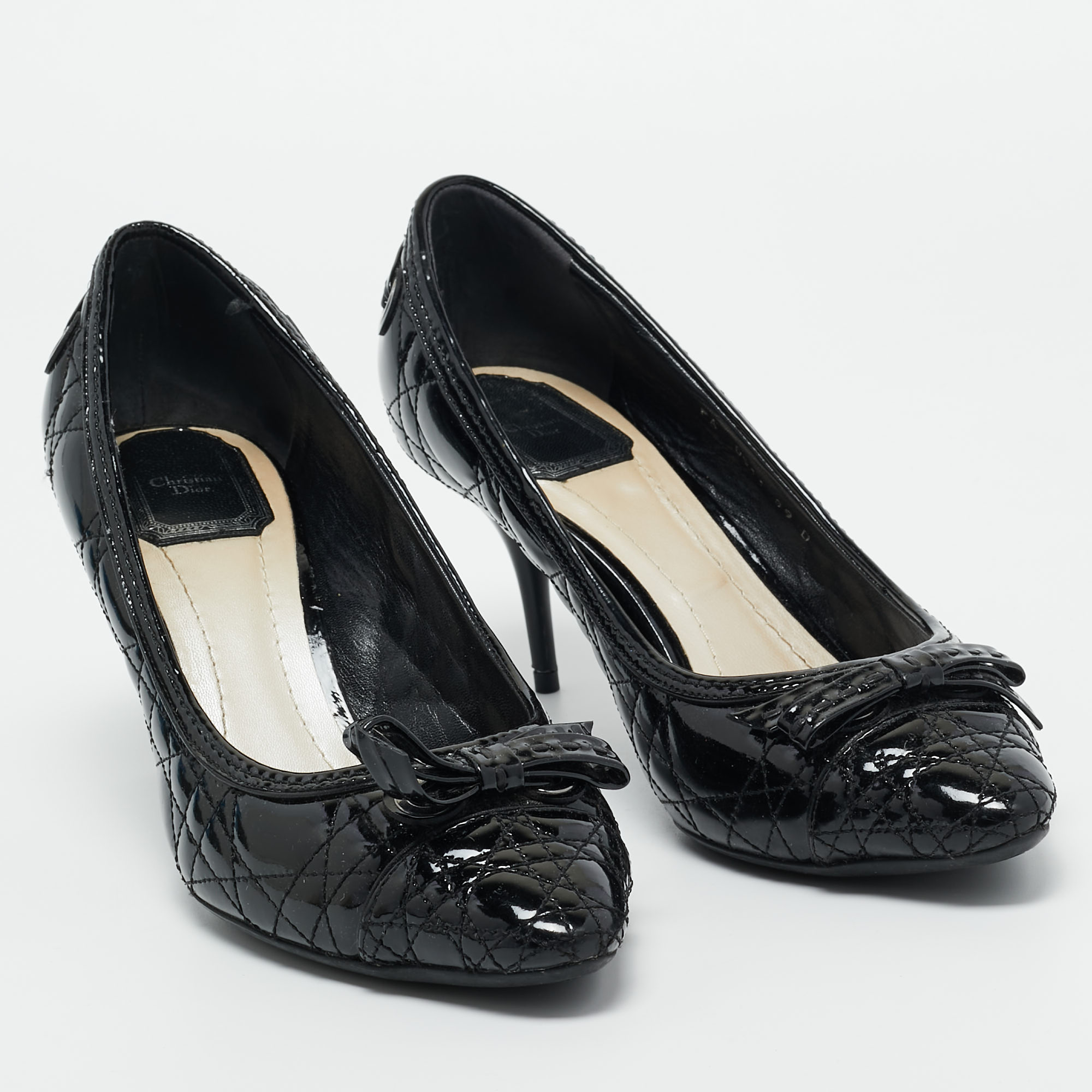 Dior Black Cannage Patent Leather Bow Pumps Size 39