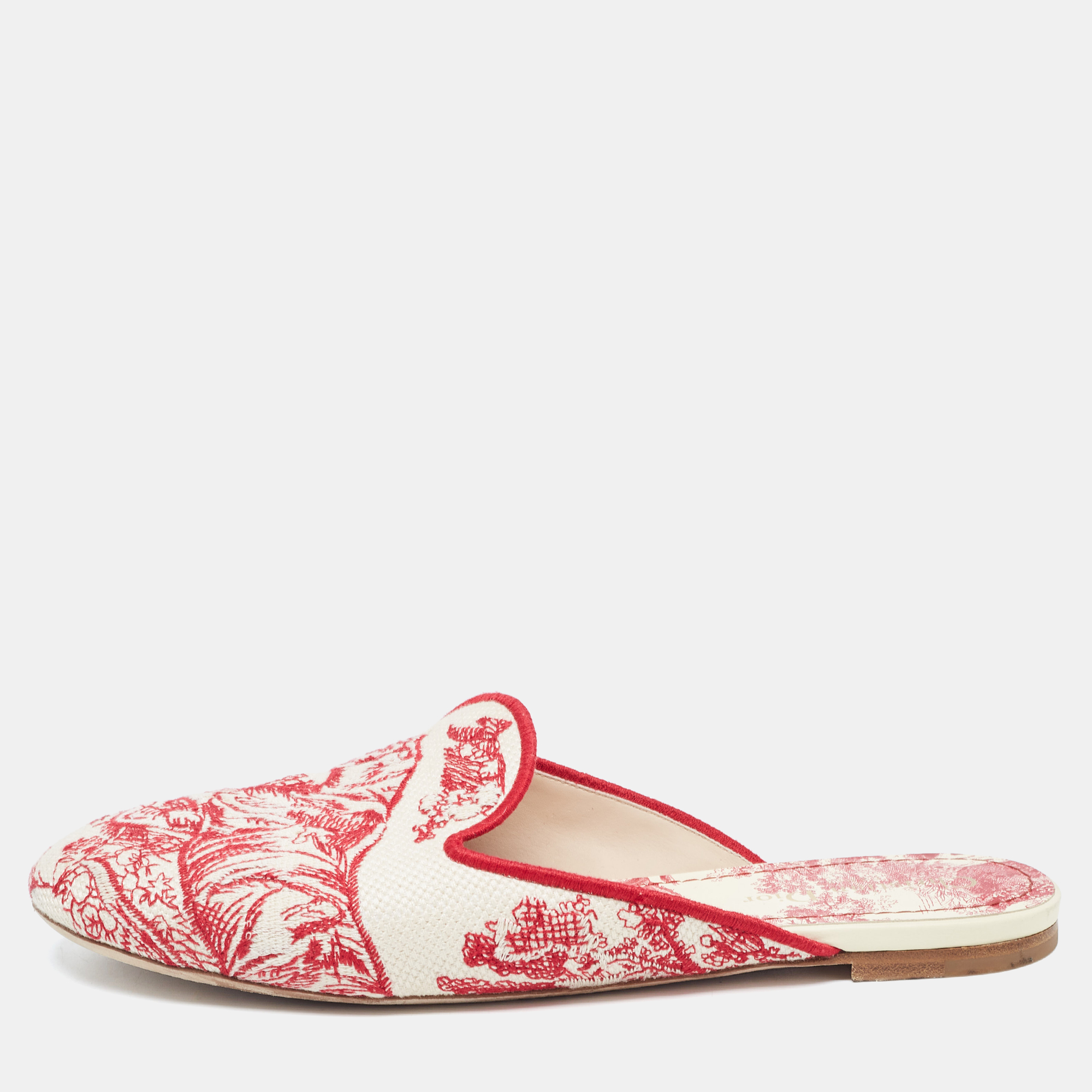 Dior Red/Beige Embroidered Canvas Toile De Jouy Flat Mules Size 41