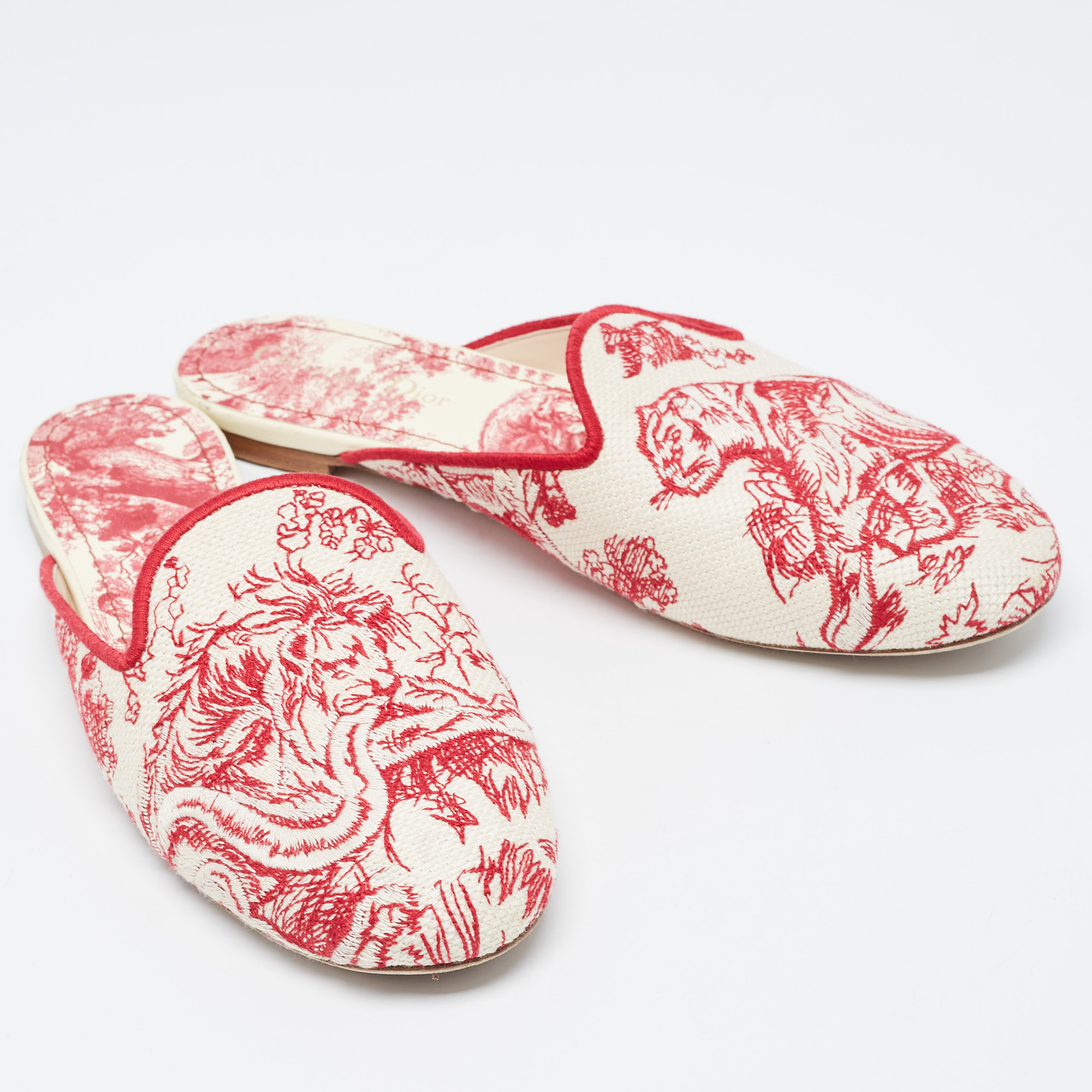 Dior Red/Beige Embroidered Canvas Toile De Jouy Flat Mules Size 41