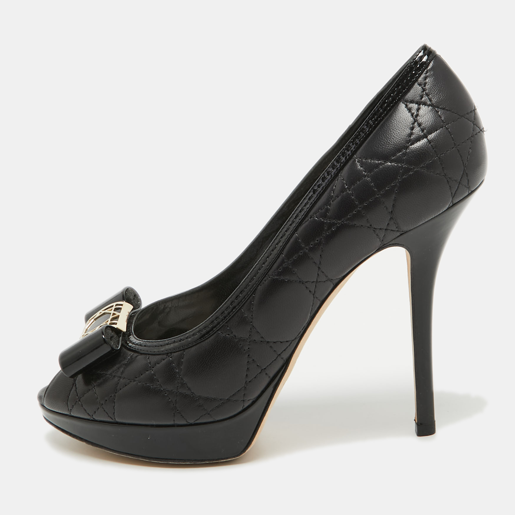 Dior Black Cannage Leather Bow Peep Toe Pumps Size 39