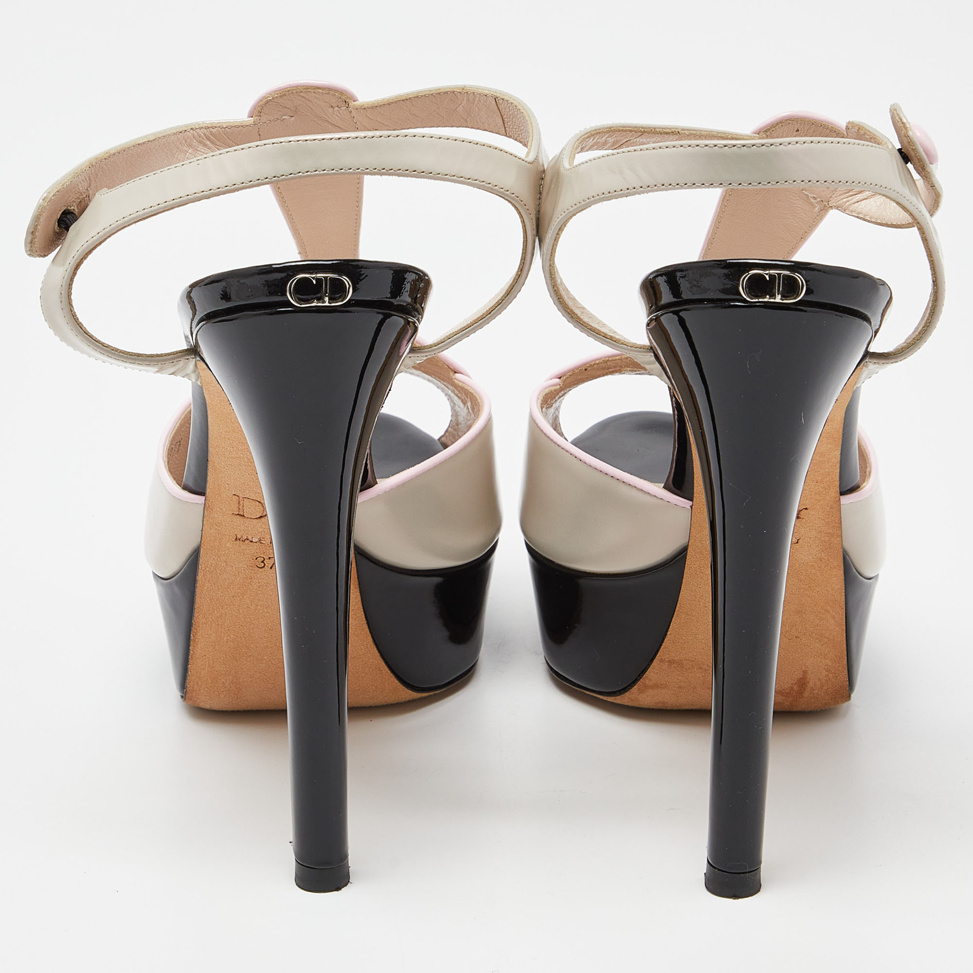 Dior Tri Color Patent Leather Platform Ankle Strap Sandals Size 37.5