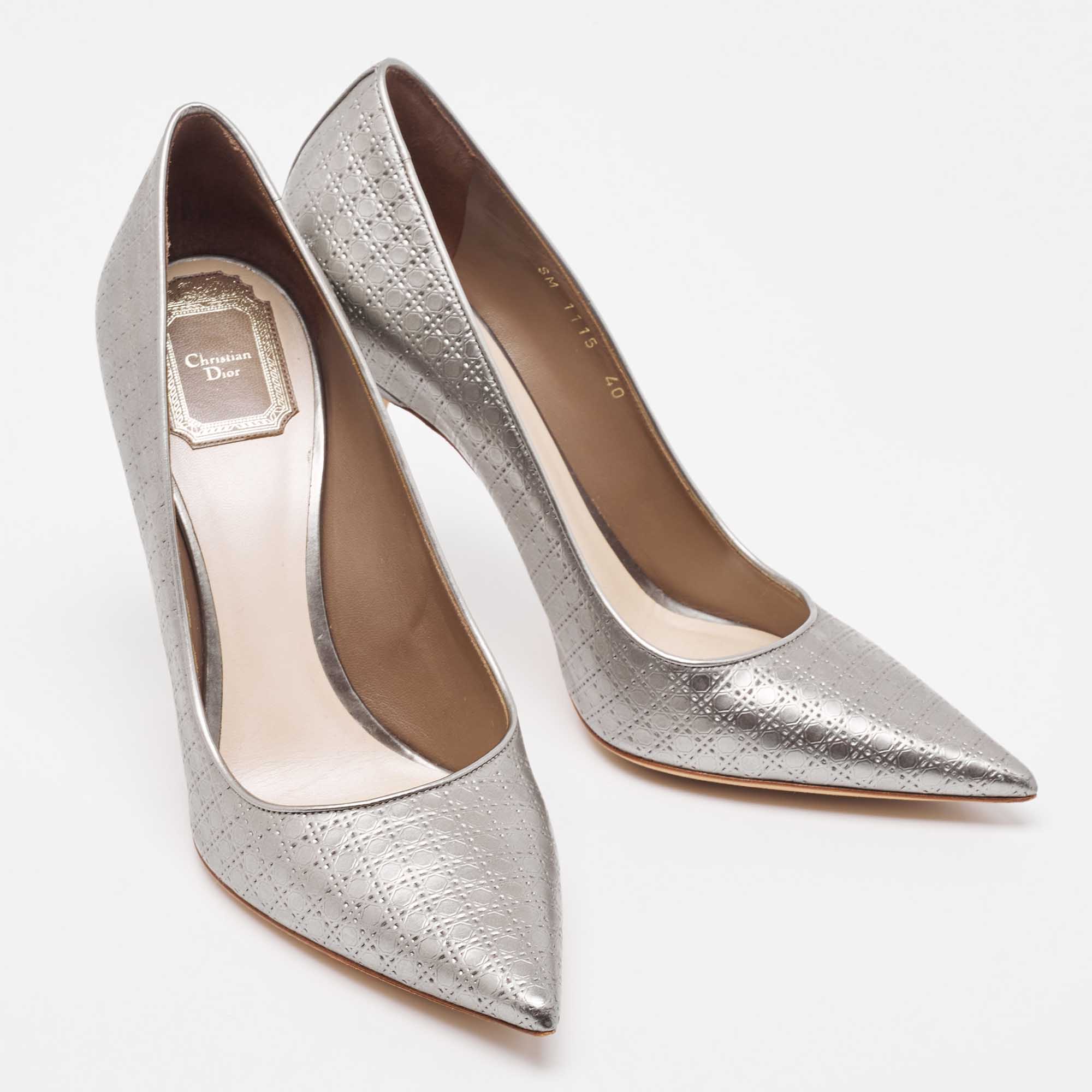 Dior Metallic Grey Micro Cannage Patent Leather Cherie Pointed Toe Pumps Size 40