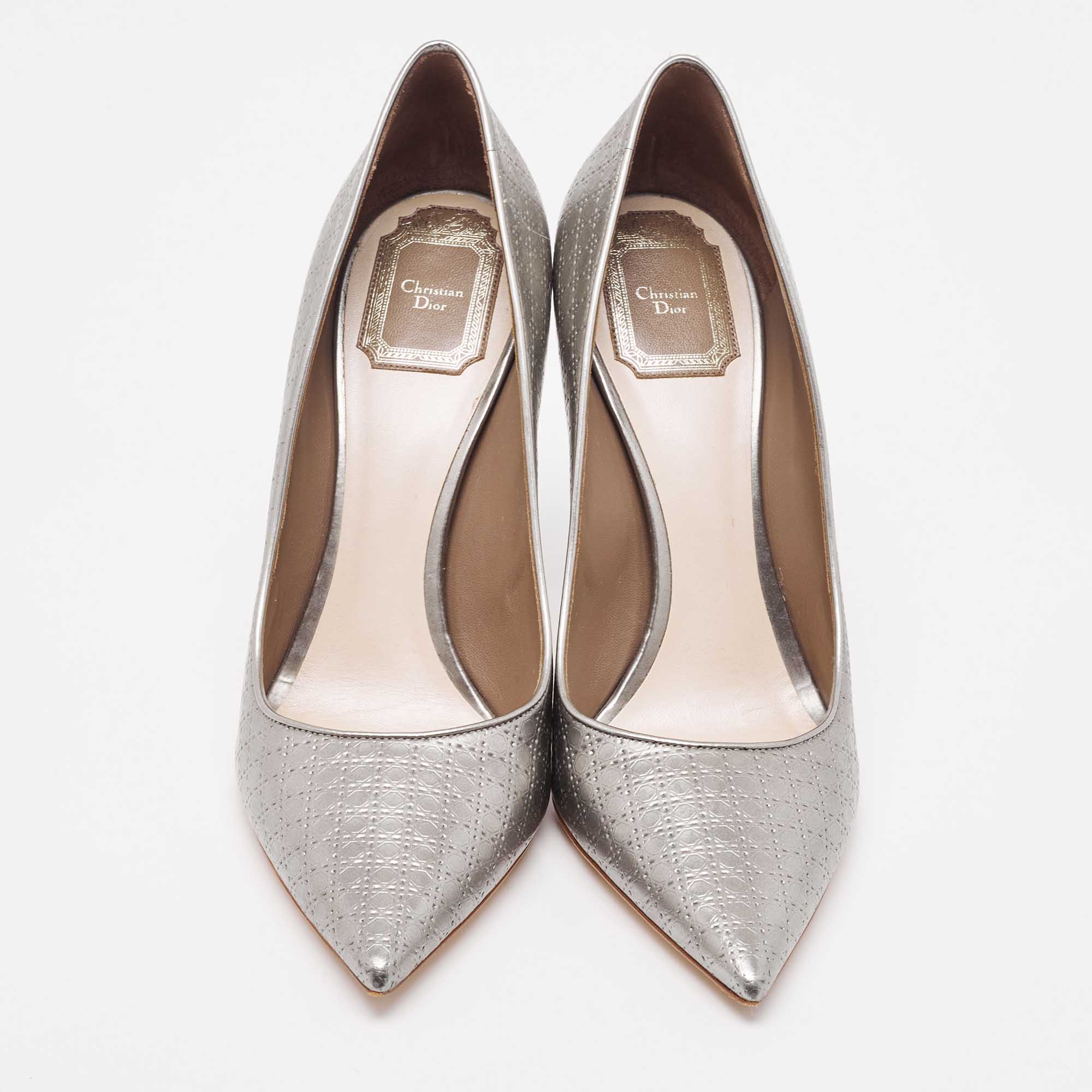 Dior Metallic Grey Micro Cannage Patent Leather Cherie Pointed Toe Pumps Size 40