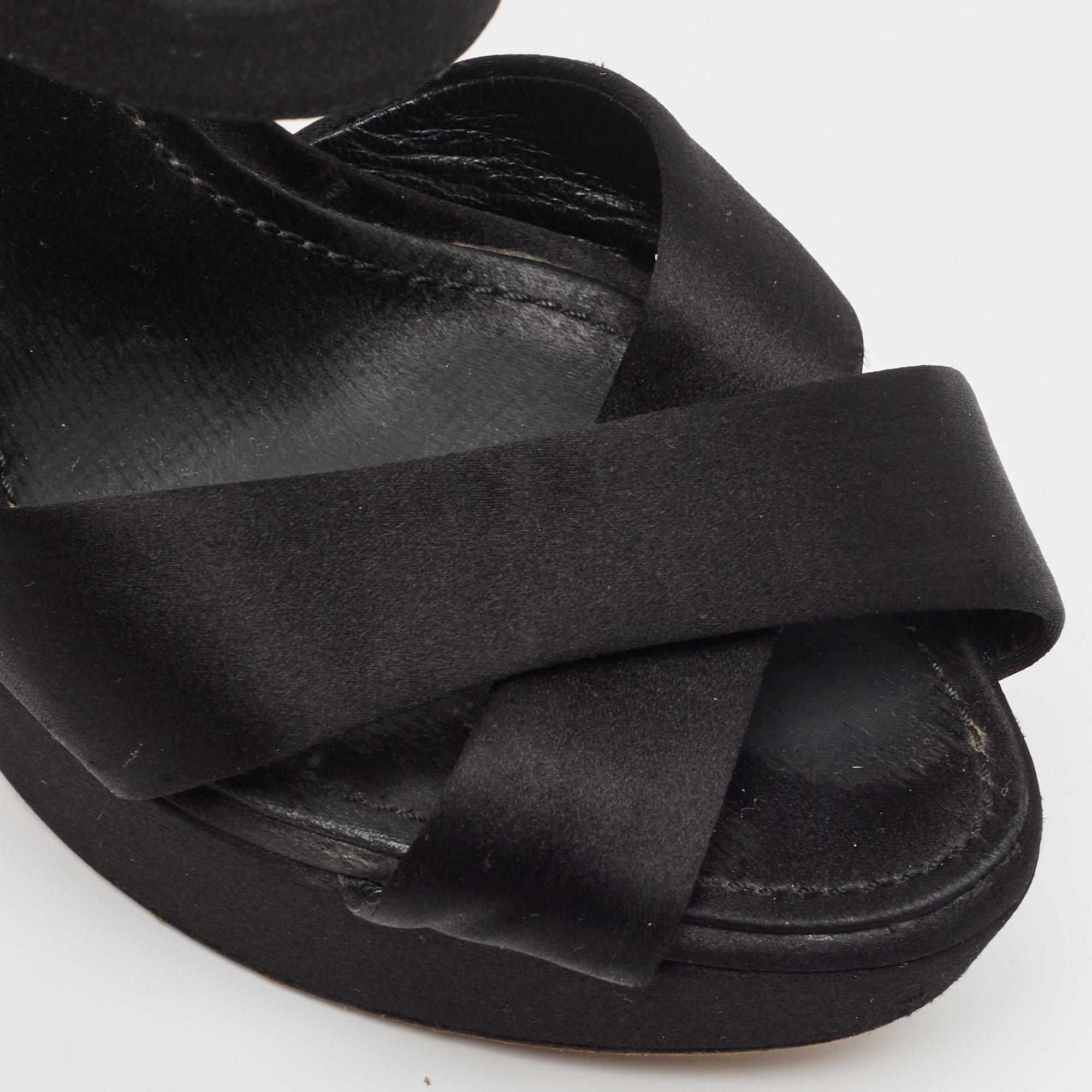 Dior Black Satin Crystal Embellished Cannage Heel Platform Ankle Strap Sandals Size 38
