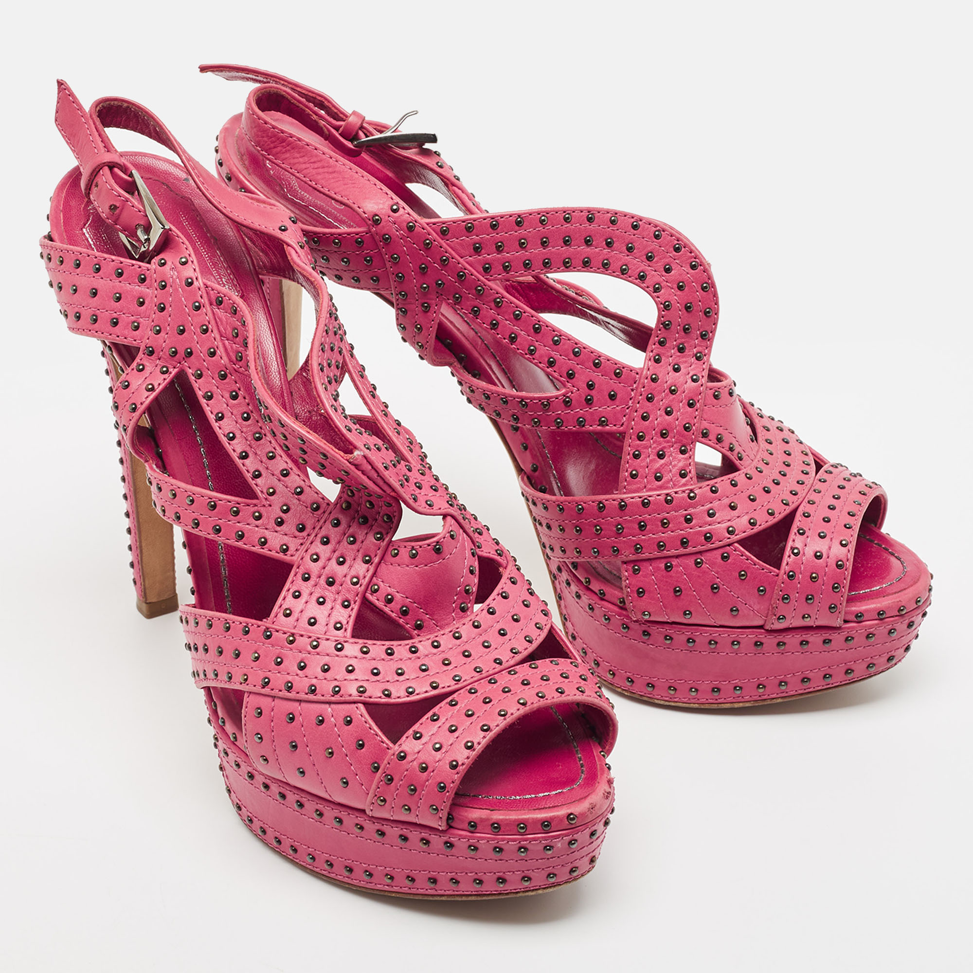 Dior Pink Studded Leather Platform Strappy Sandals Size 40