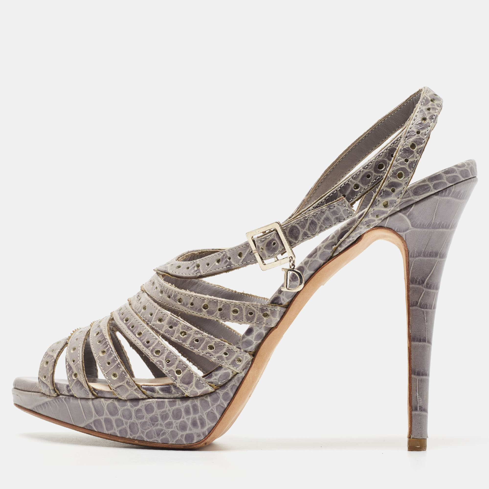 Dior Grey Embossed Croc Strappy Platform Sandals Size 40