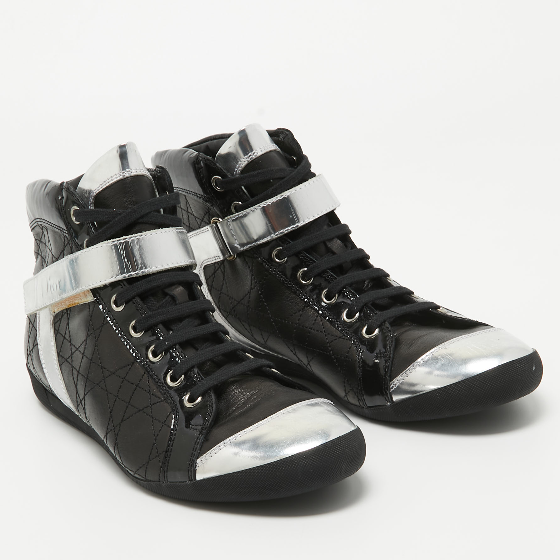 Dior Black/Silver Quilted Cannage Leather And Patent High Top Sneakers Size 40