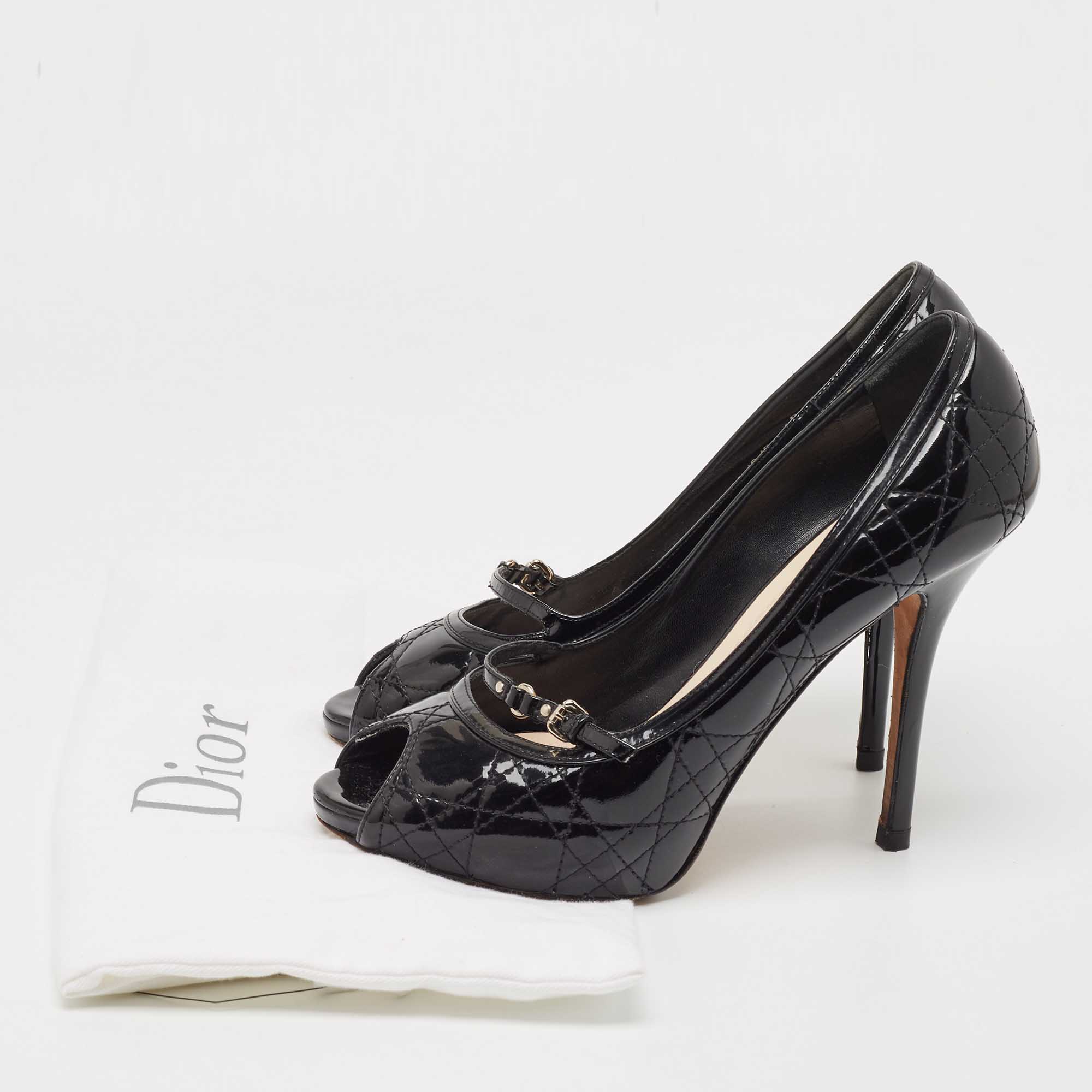 Dior Black Cannage Patent Leather Peep Toe Platform Pumps Size 40
