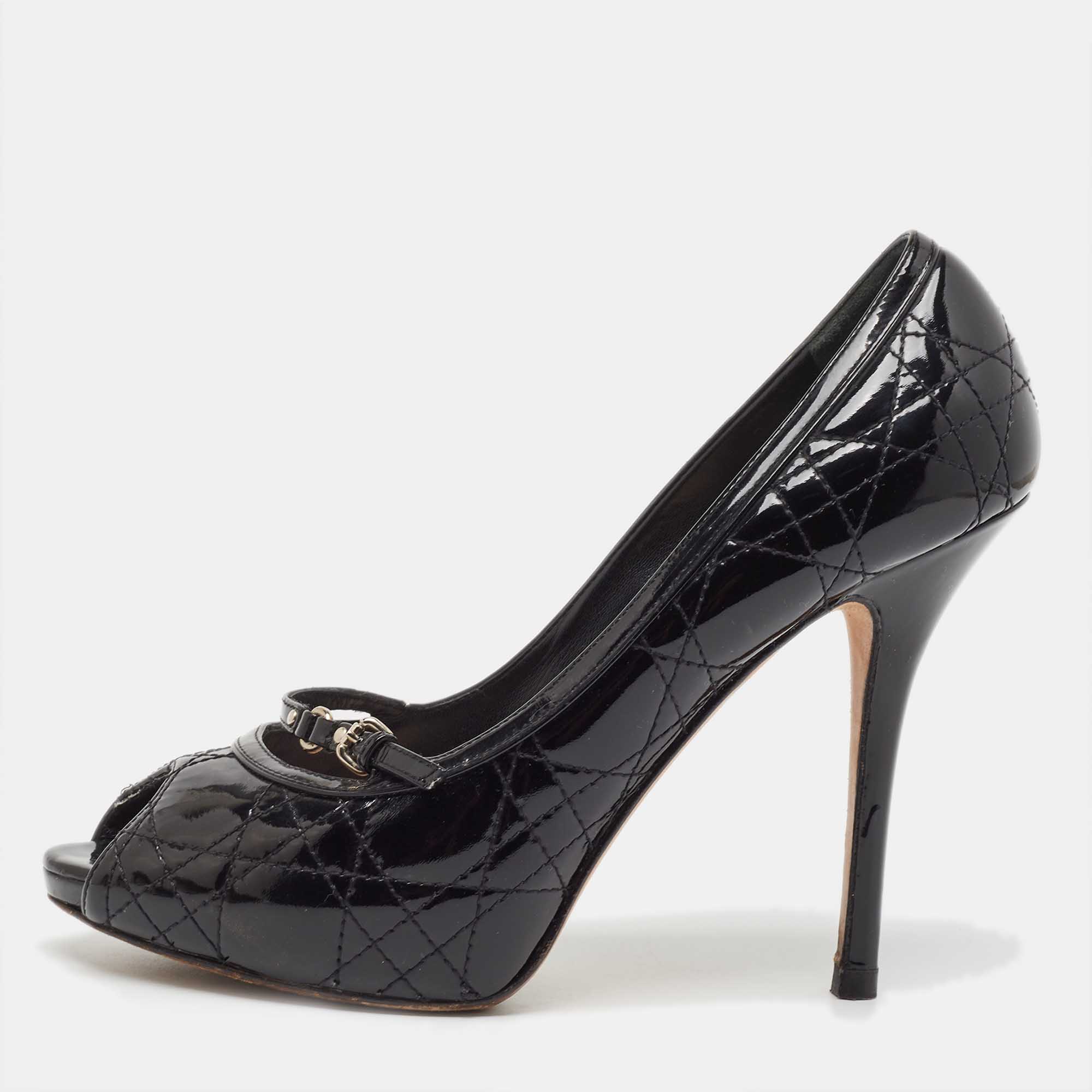 Dior black cannage patent leather peep toe platform pumps size 40
