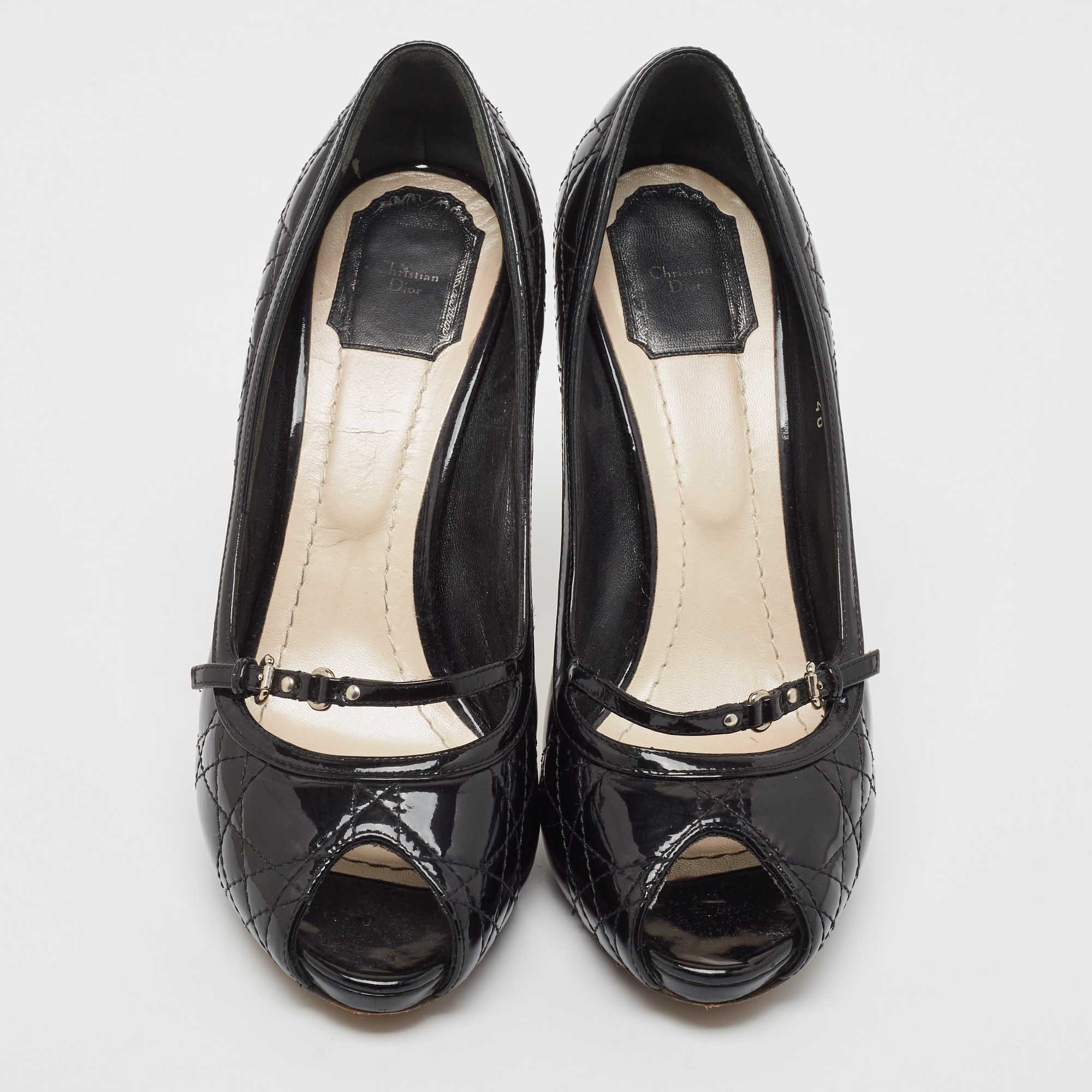 Dior Black Cannage Patent Leather Peep Toe Platform Pumps Size 40