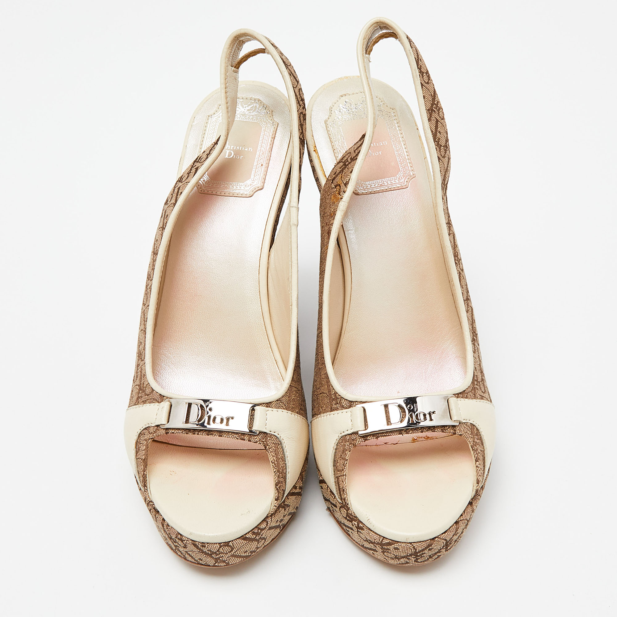 Dior Cream/Brown Oblique Canvas And Leather Wedge Sandals Size 37.5