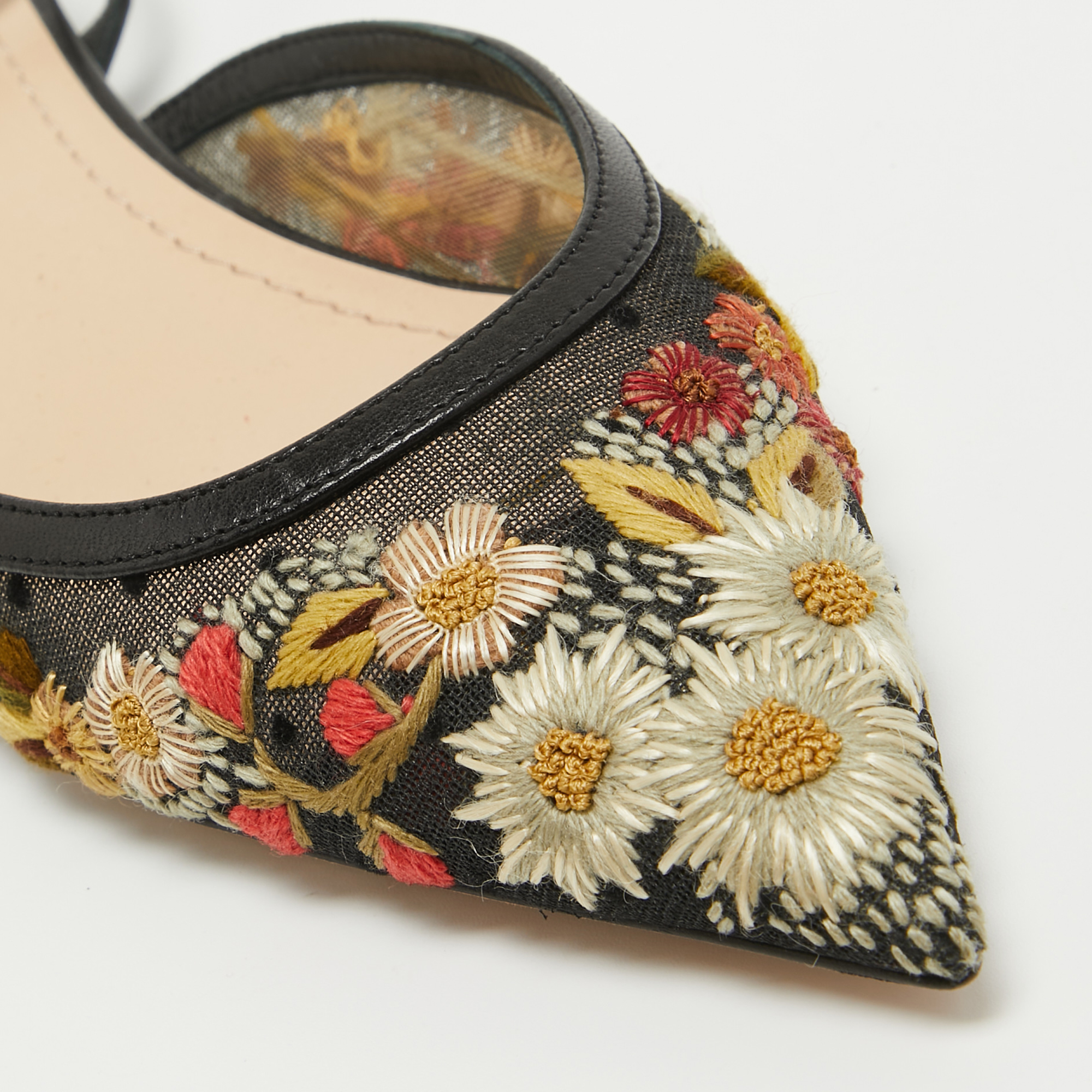 Dior Black Floral Embroidered Mesh And Leather Ankle Strap Flats Size 34.5