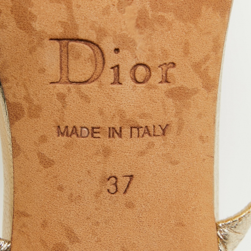 Dior Metallic Gold Leather Crystal Embellished Slide Size 37