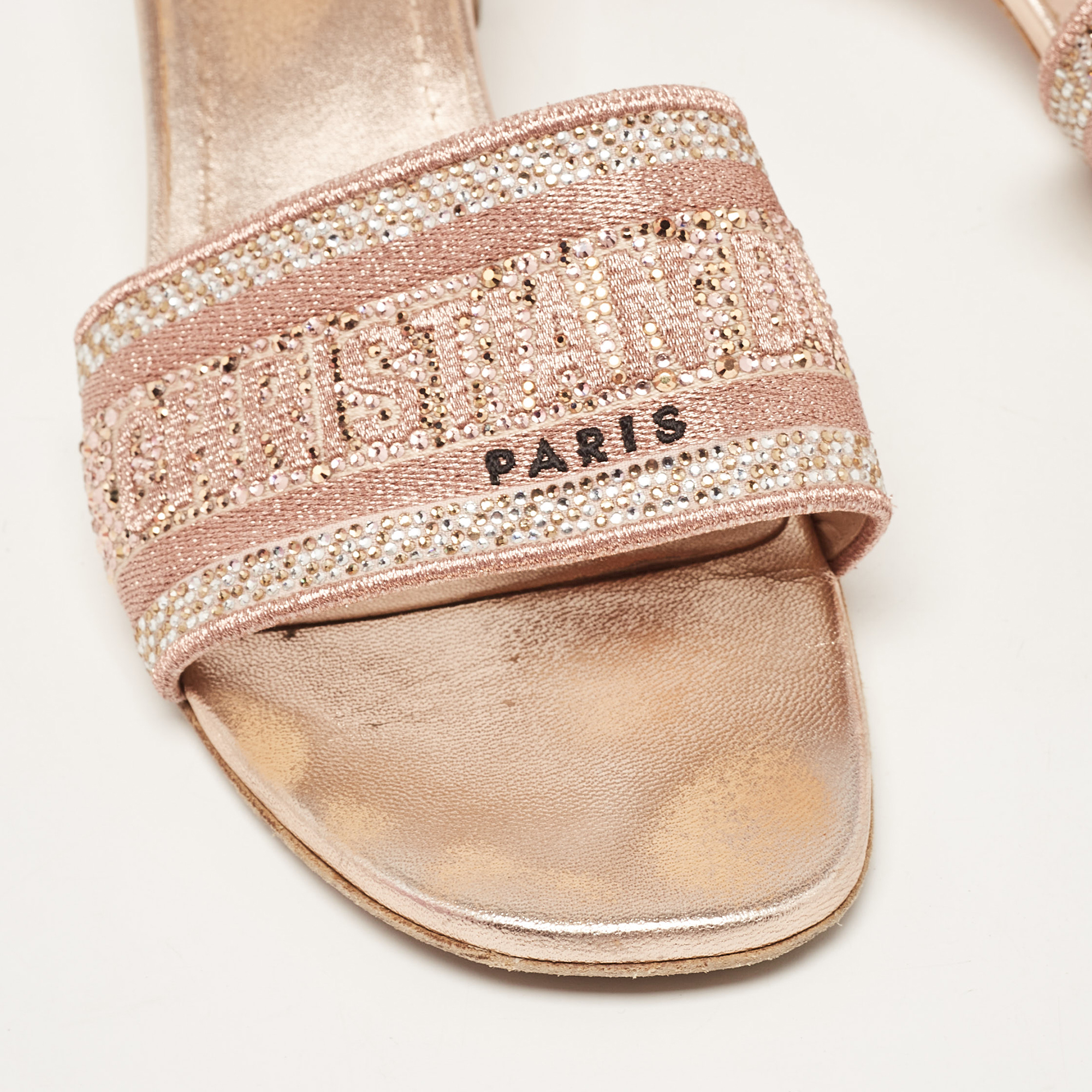 Dior Rose Gold Embroidered Logo Canvas Crystal Embellished Dway Slide Sandals Size 40.5