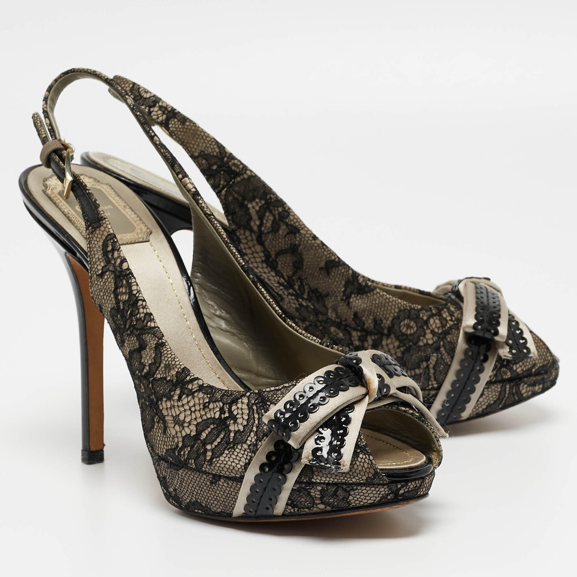 Dior Grey/Black Lace And Satin Slingback Pumps Size 39