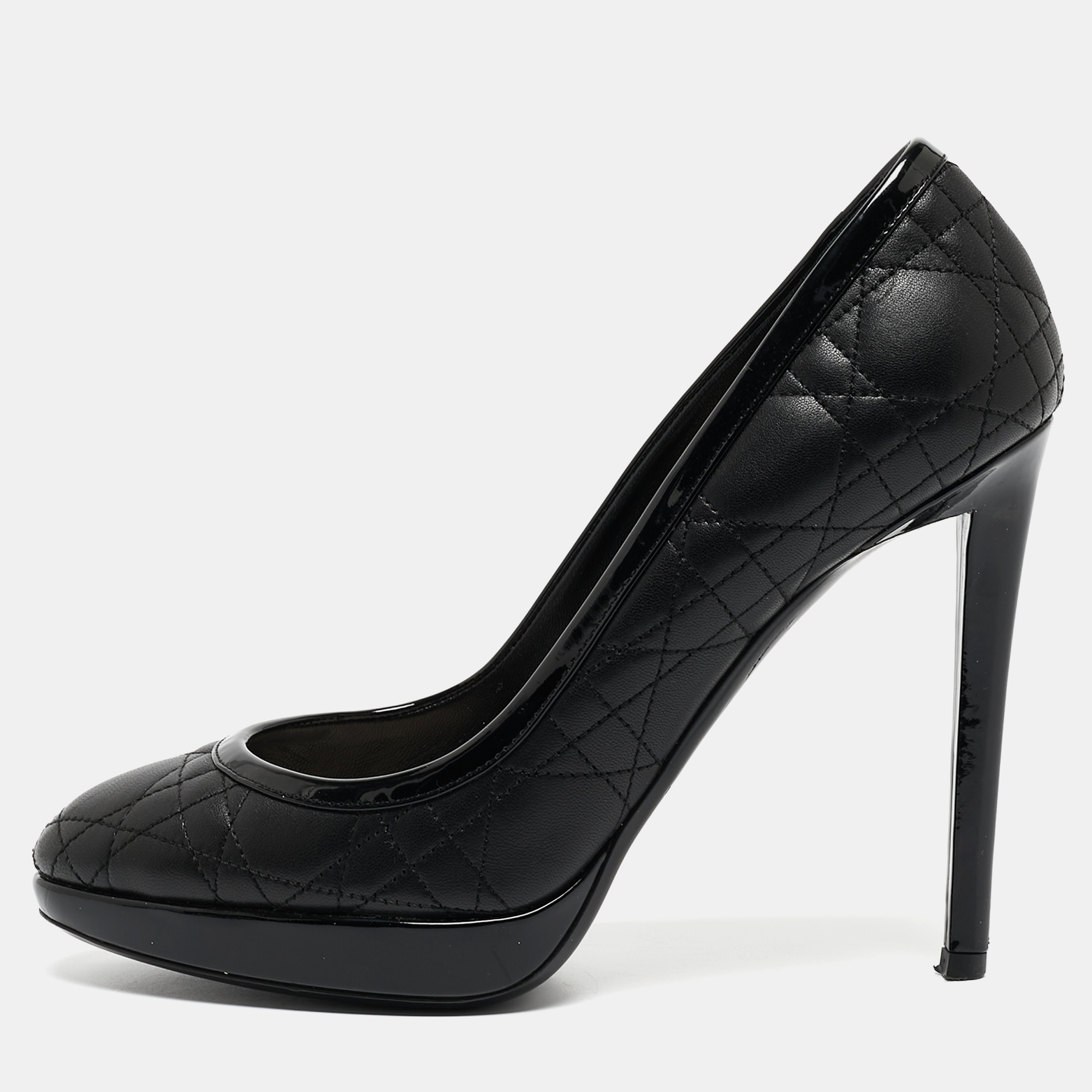 Dior Black Leather Cannage And Patent Round Toe Pumps Size 39