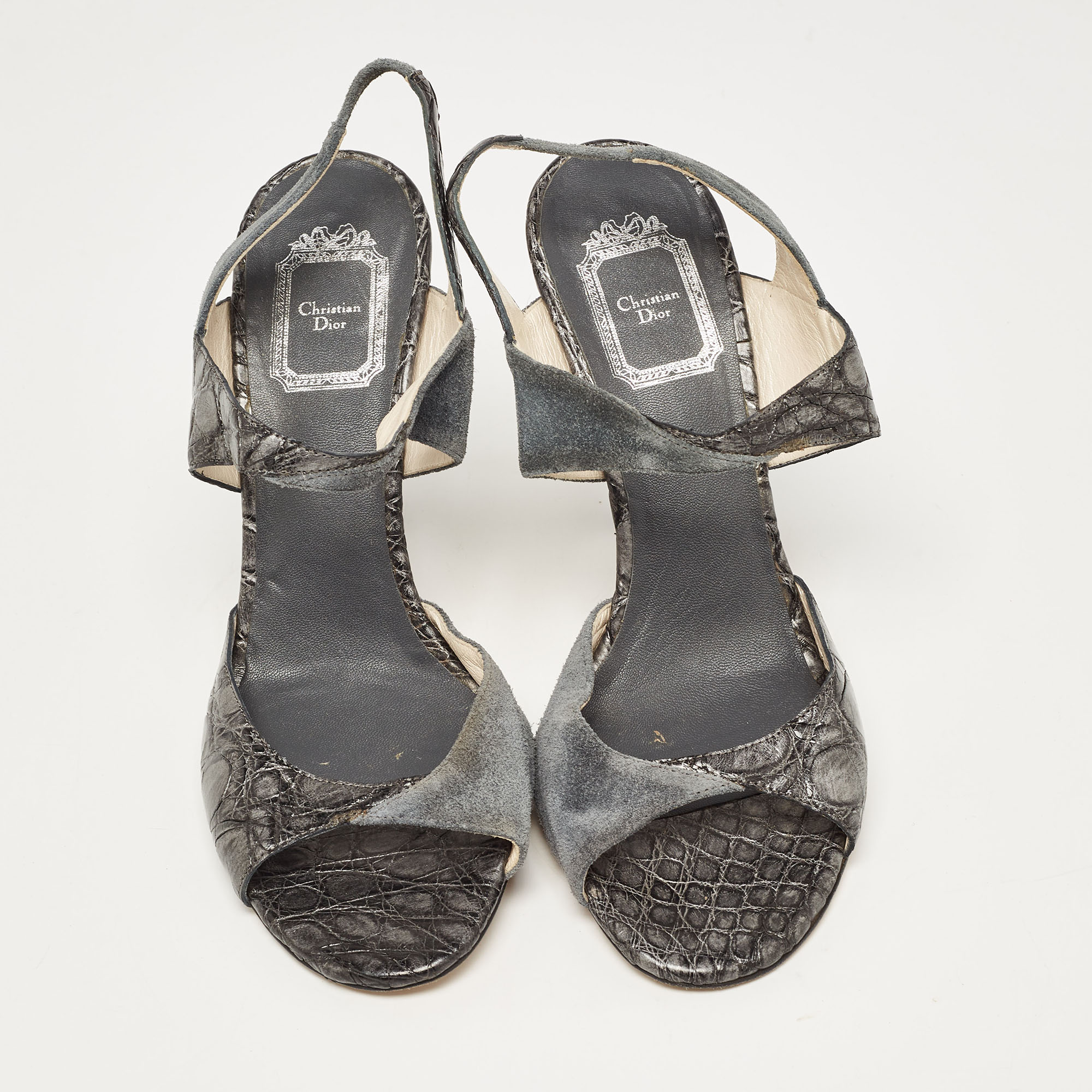 Dior Grey/Silver Croc Embossed And Suede Slingback Sandals Size 39.5