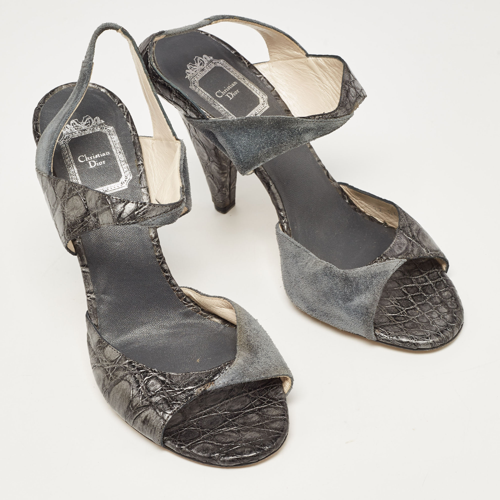 Dior Grey/Silver Croc Embossed And Suede Slingback Sandals Size 39.5