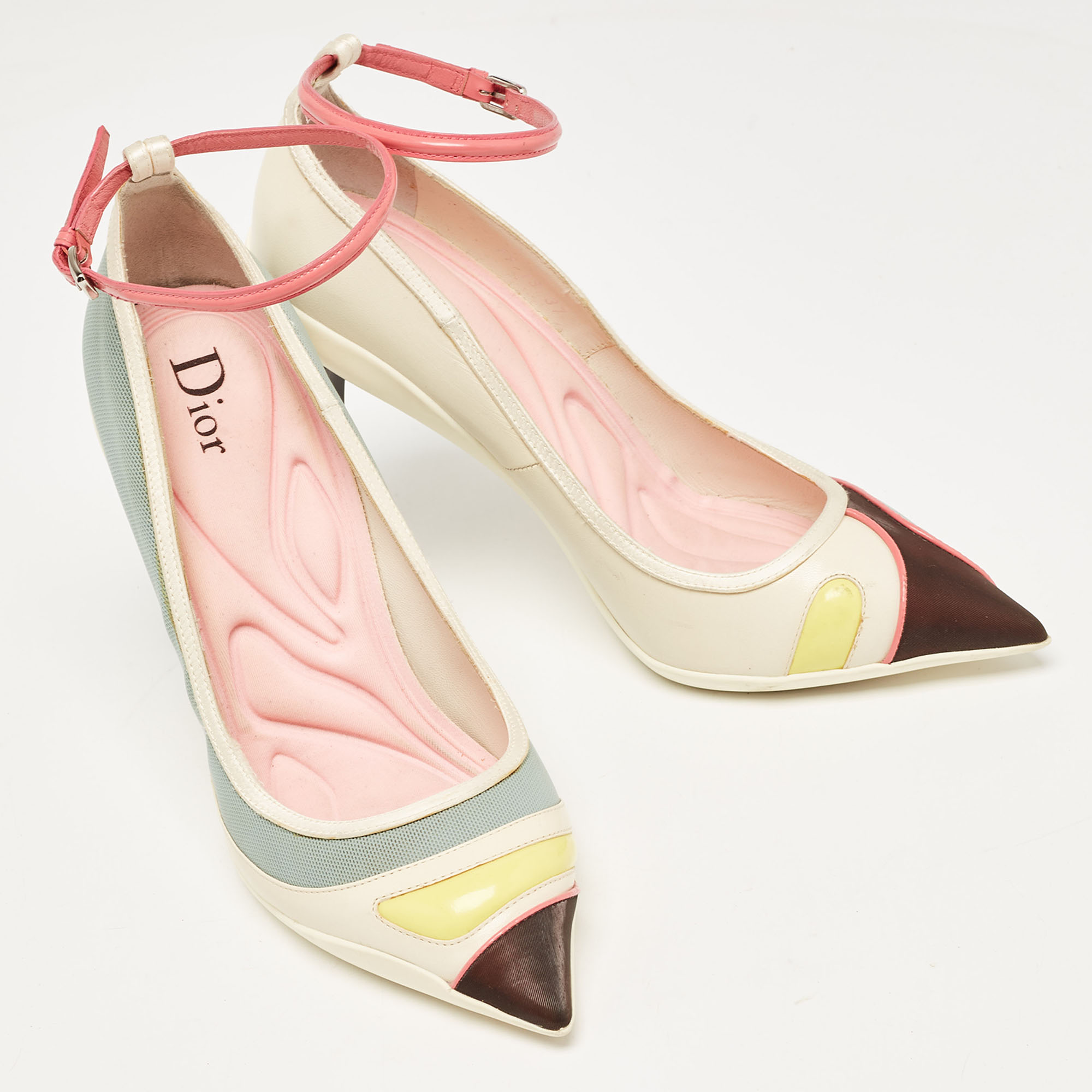 Dior Multicolor Mesh And Leather Pointed Toe Ankle Strap Pumps Size 37