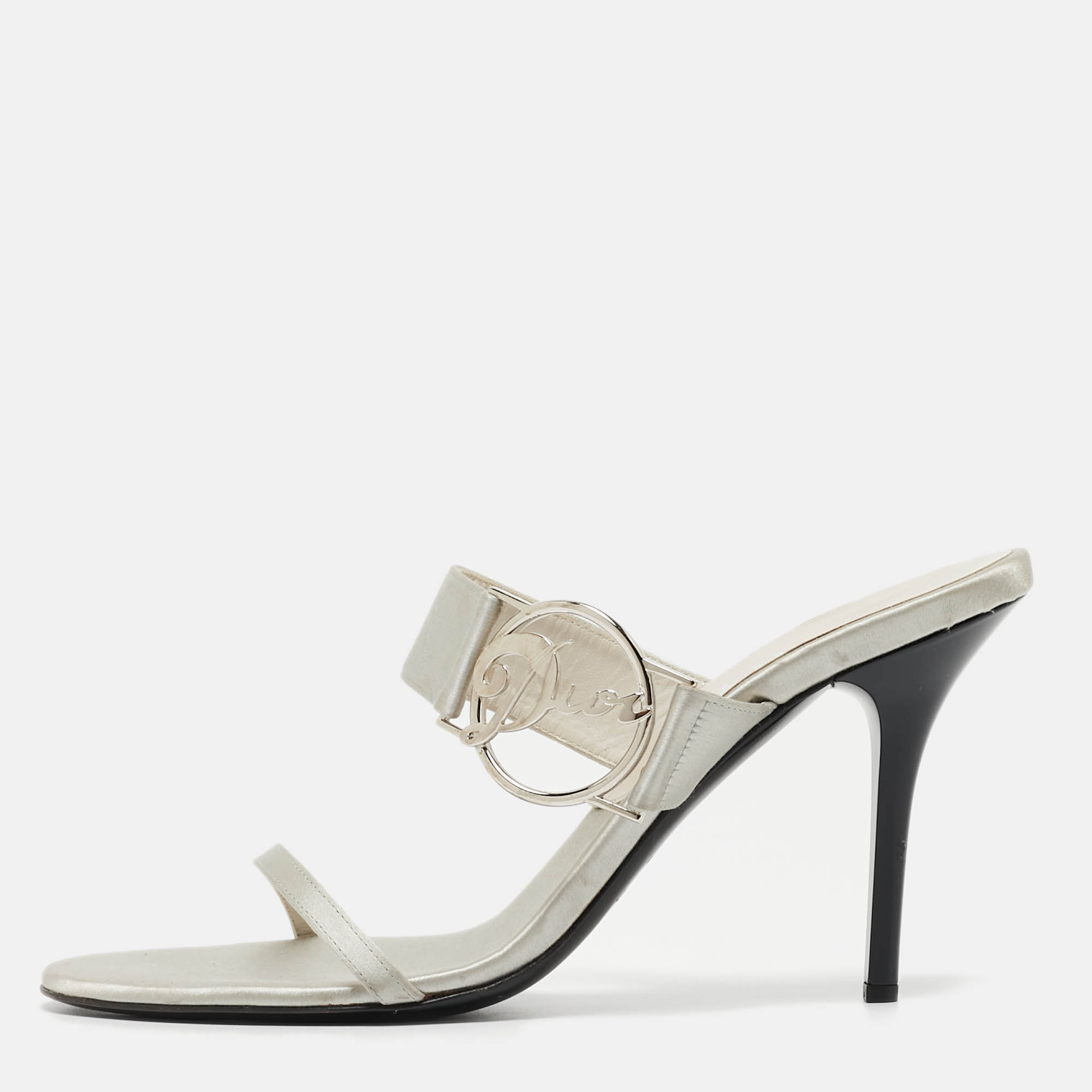 Dior Grey Satin Logo Slide Sandals Size 40