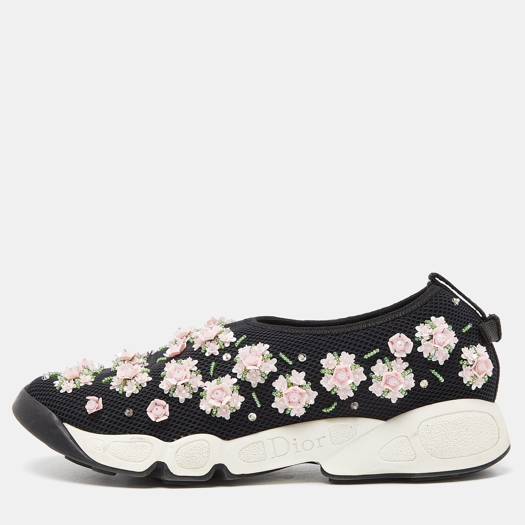 Dior Black/Pink Crystal Embellished Mesh Fusion Slip-On Sneakers Size 36