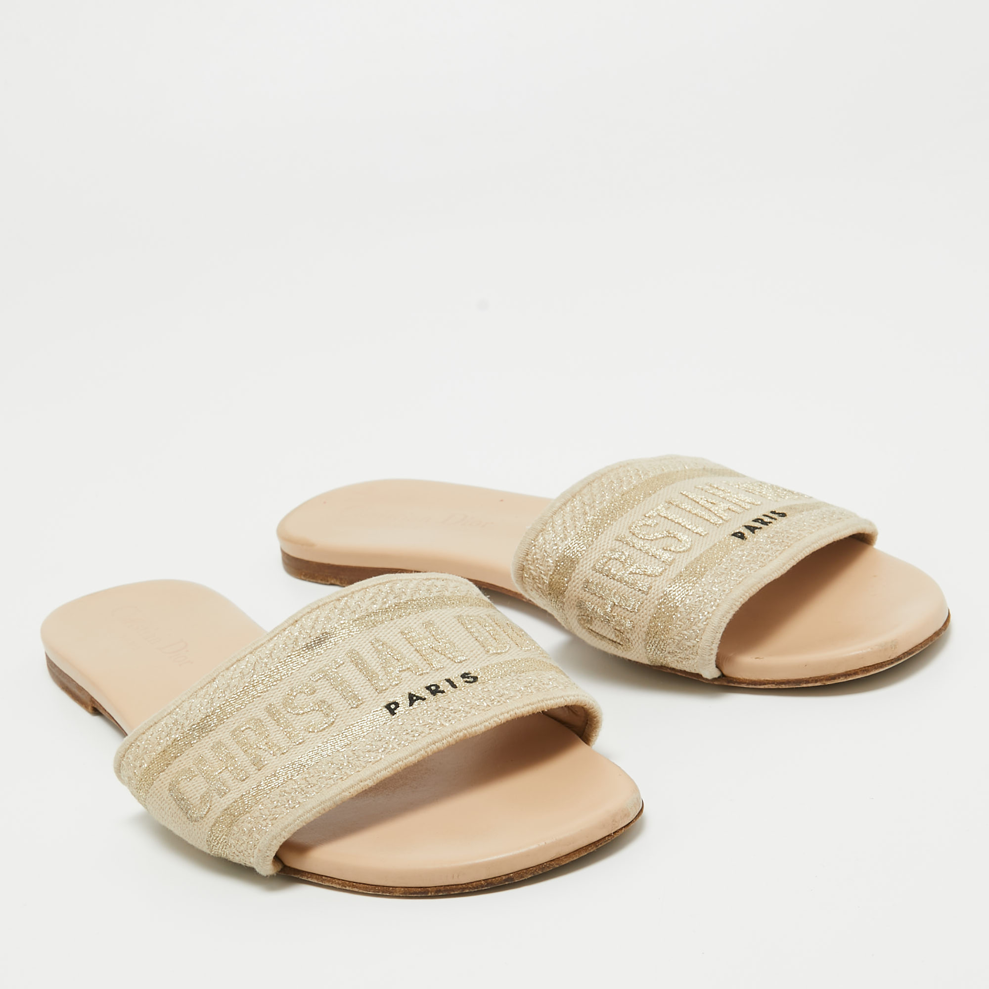 Dior Two Tone Logo Embroidered Canvas Dway Flat Slides Size 39.5