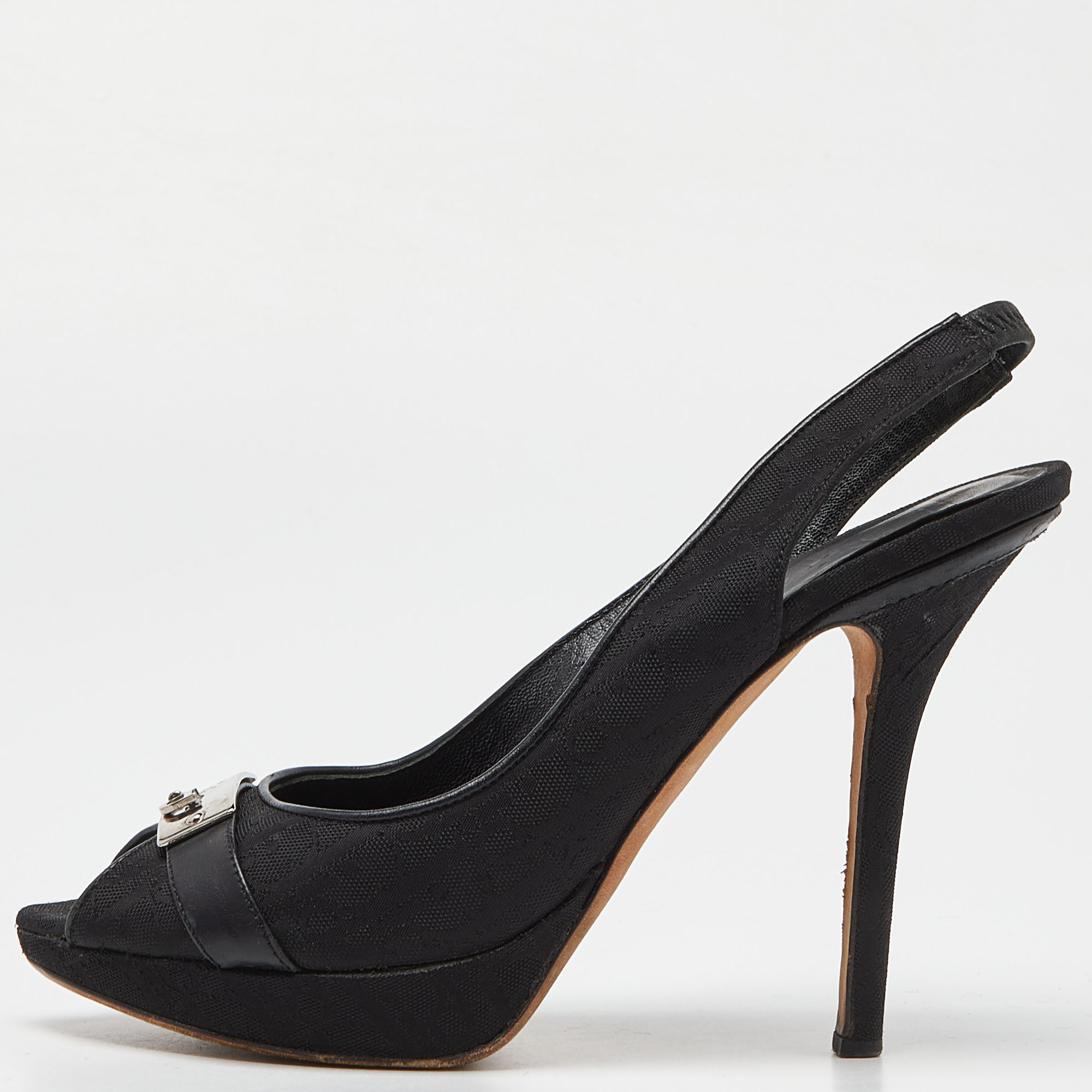 Dior black oblique fabric peep toe platform slingback pumps size 36