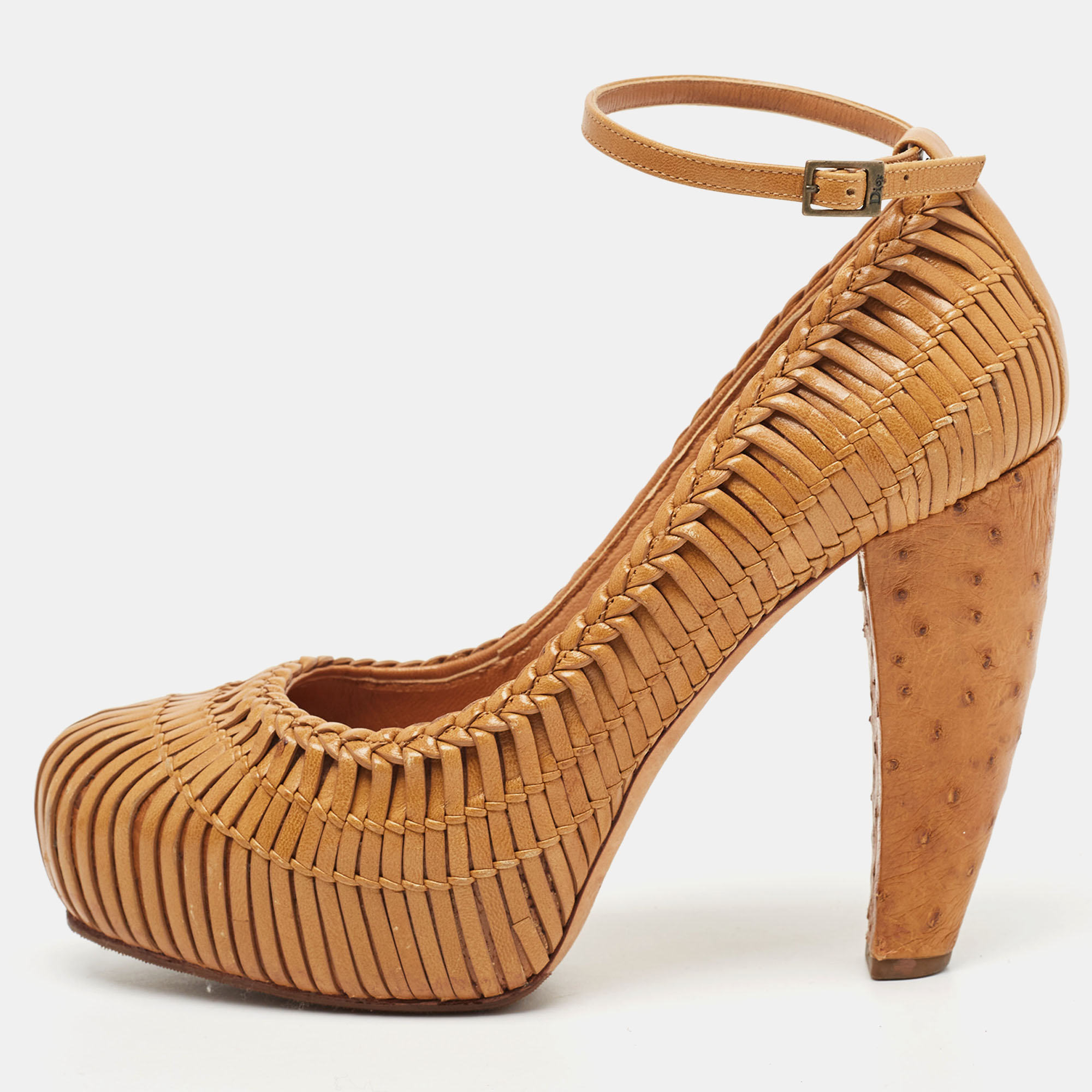 Dior brown woven leather and ostrich basketweave platform ankle strap pumps size 36