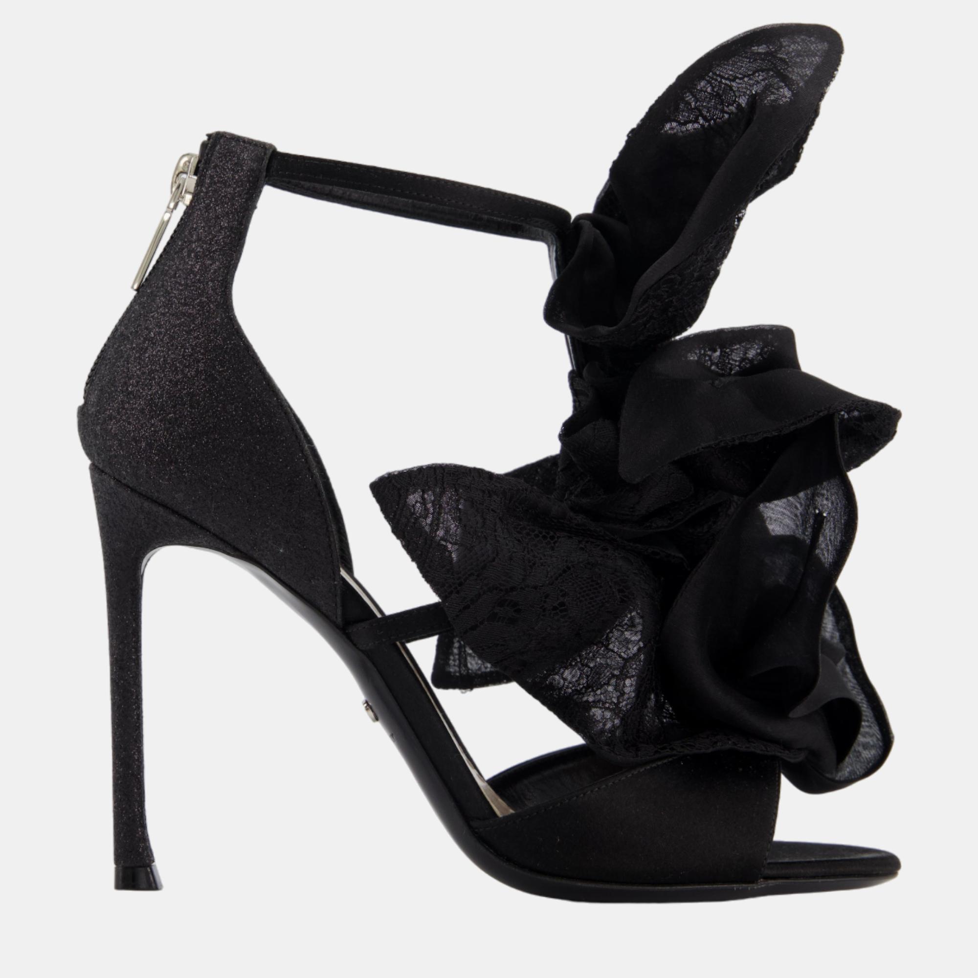 Christian dior black satin and lace applique evening ankle strap heels size 37