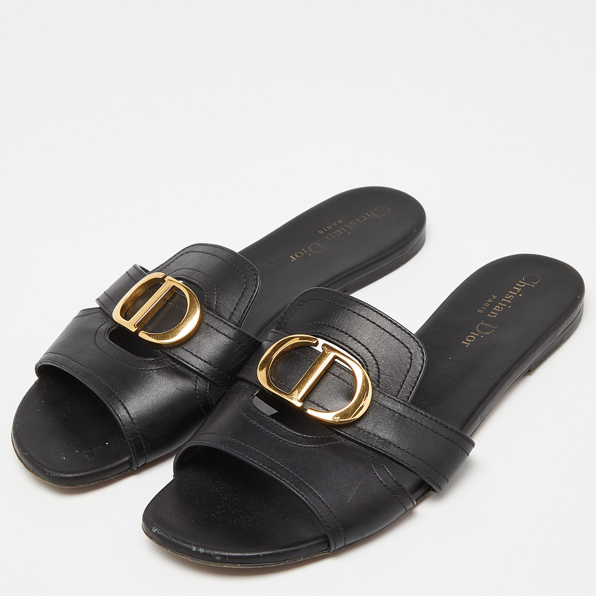 

Dior Black Leather 30 Montaigne Flat Slide Sandals Size