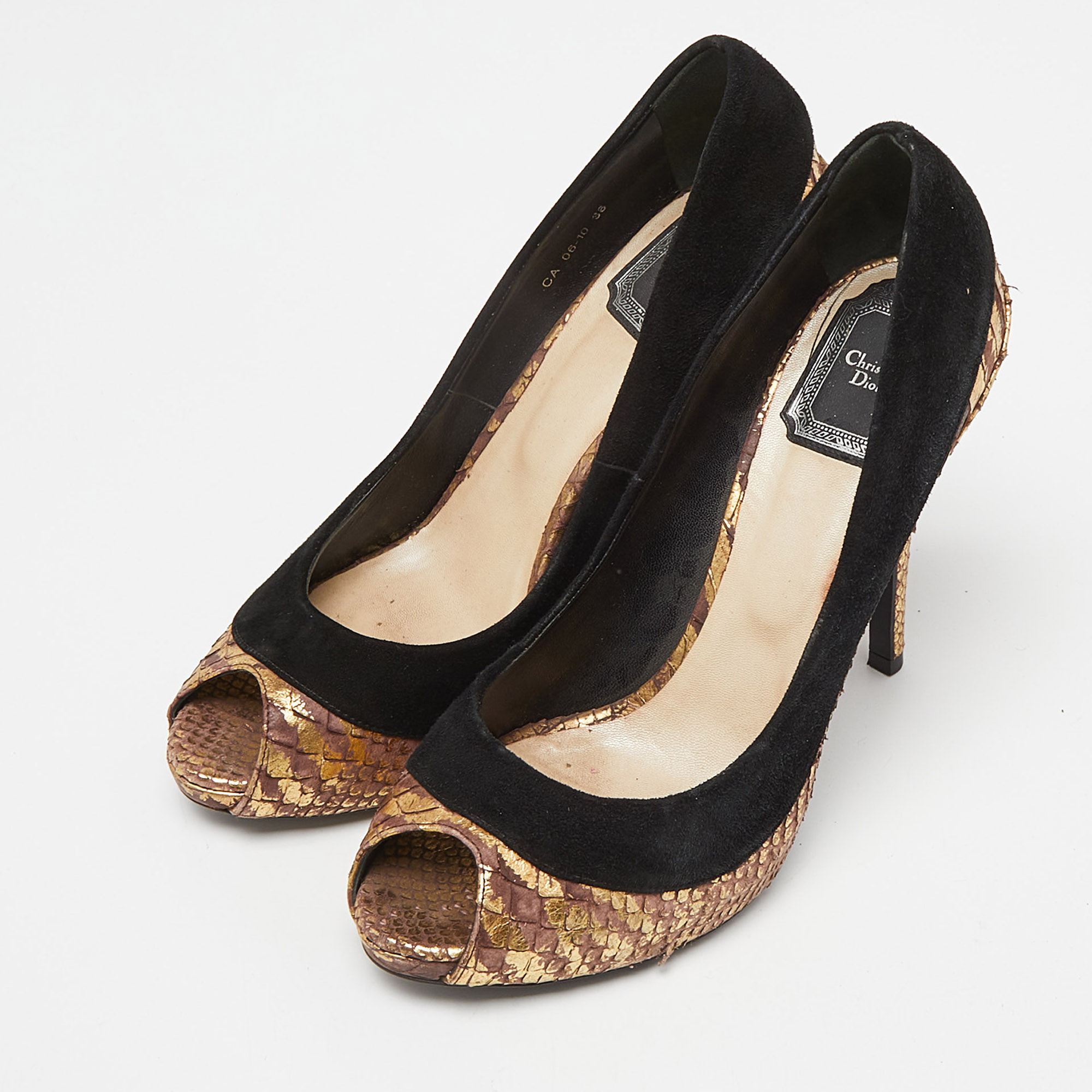 Dior Tri Color Suede And Python Peep Toe Pumps Size 38