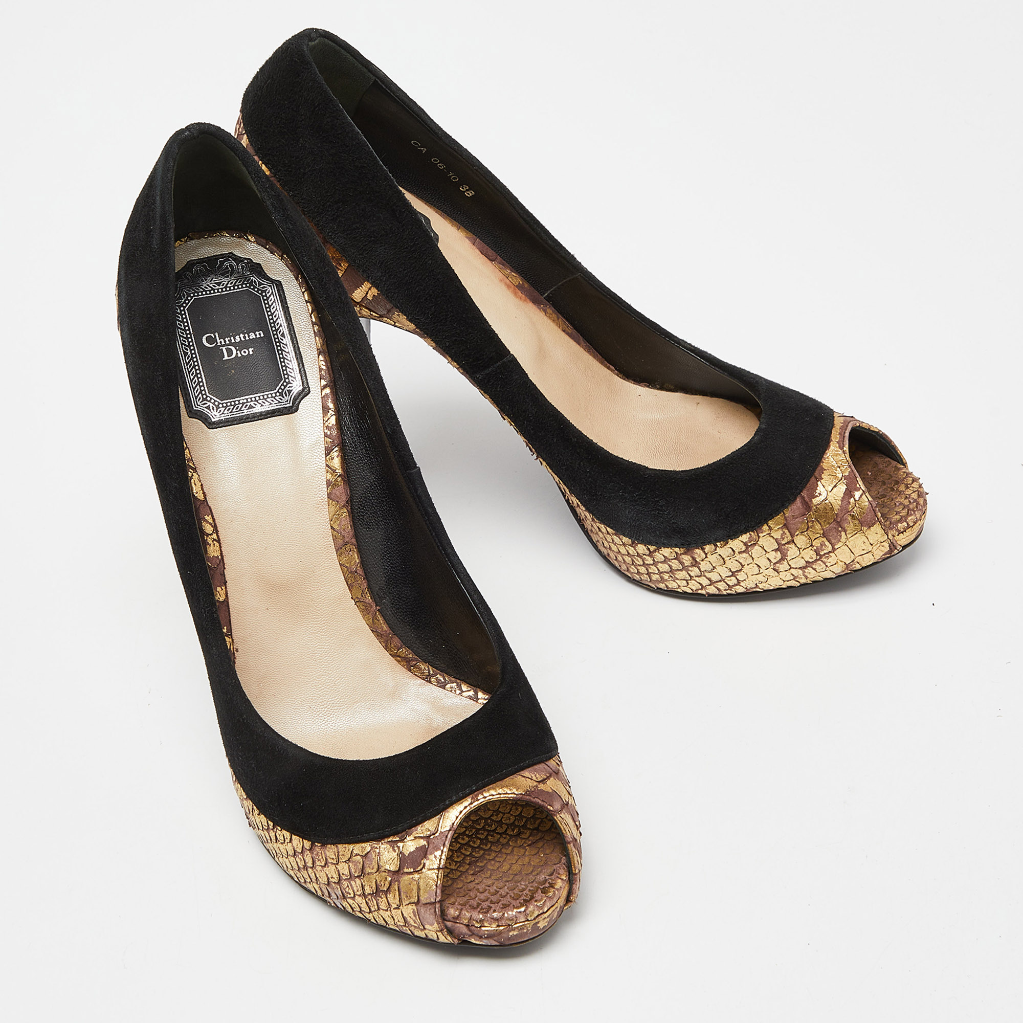 Dior Tri Color Suede And Python Peep Toe Pumps Size 38