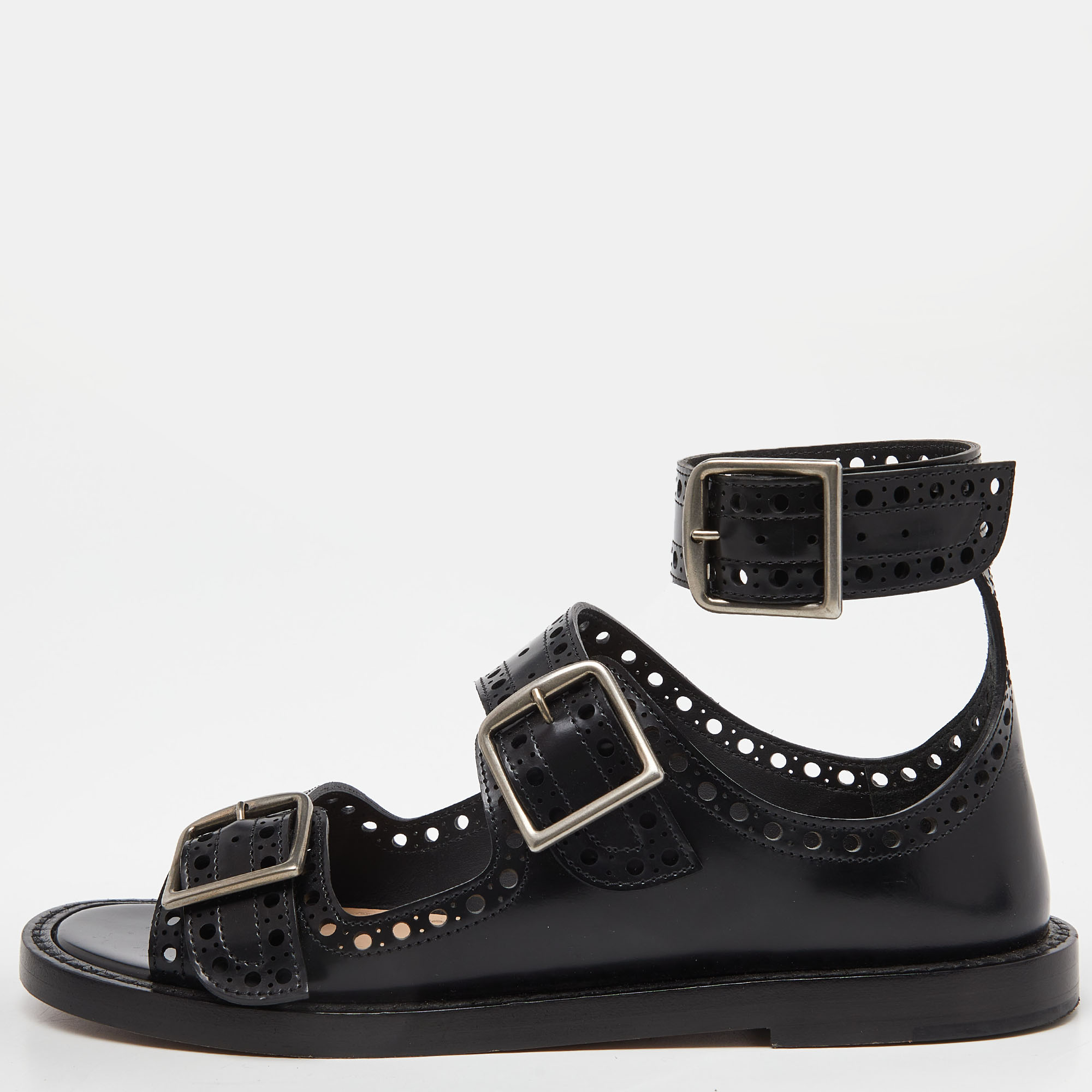 Dior black perforated leather teddy d buckles flat sandals size 34