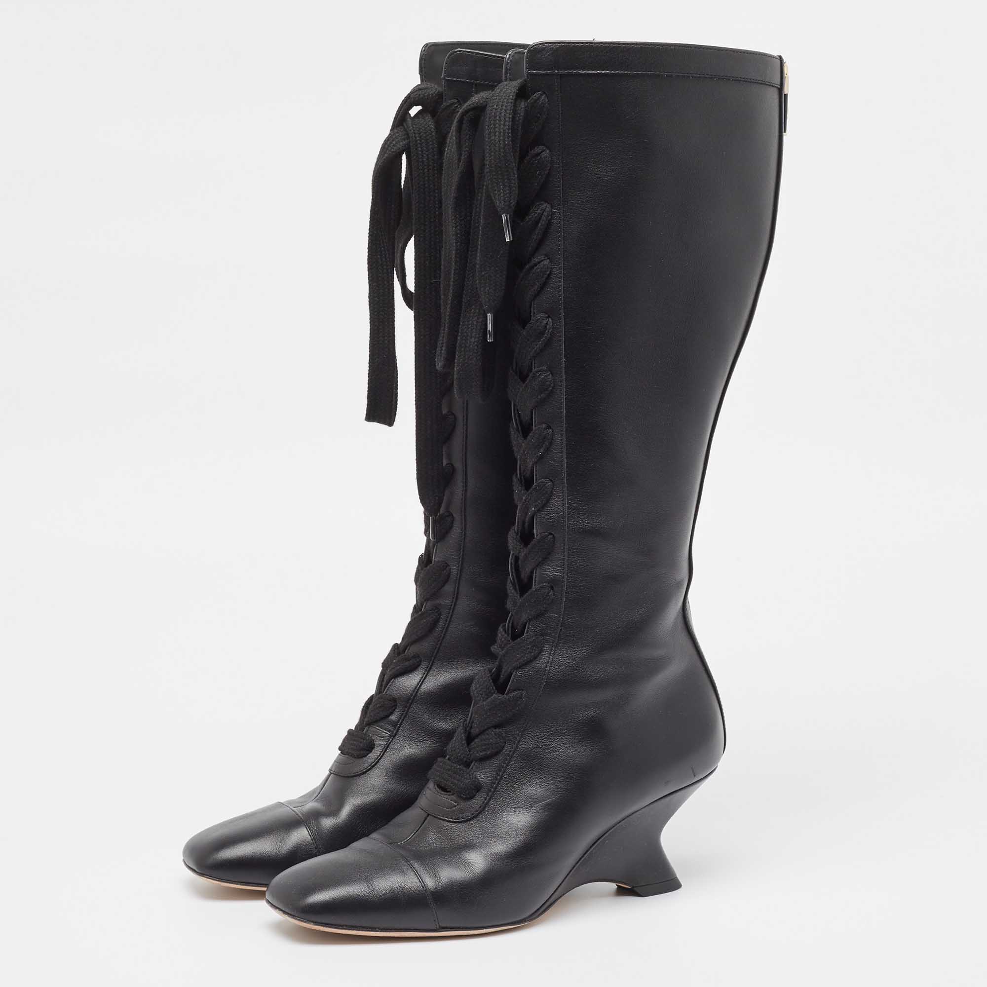 Dior Black Leather Naughtily-D Wedge Boots Size 39