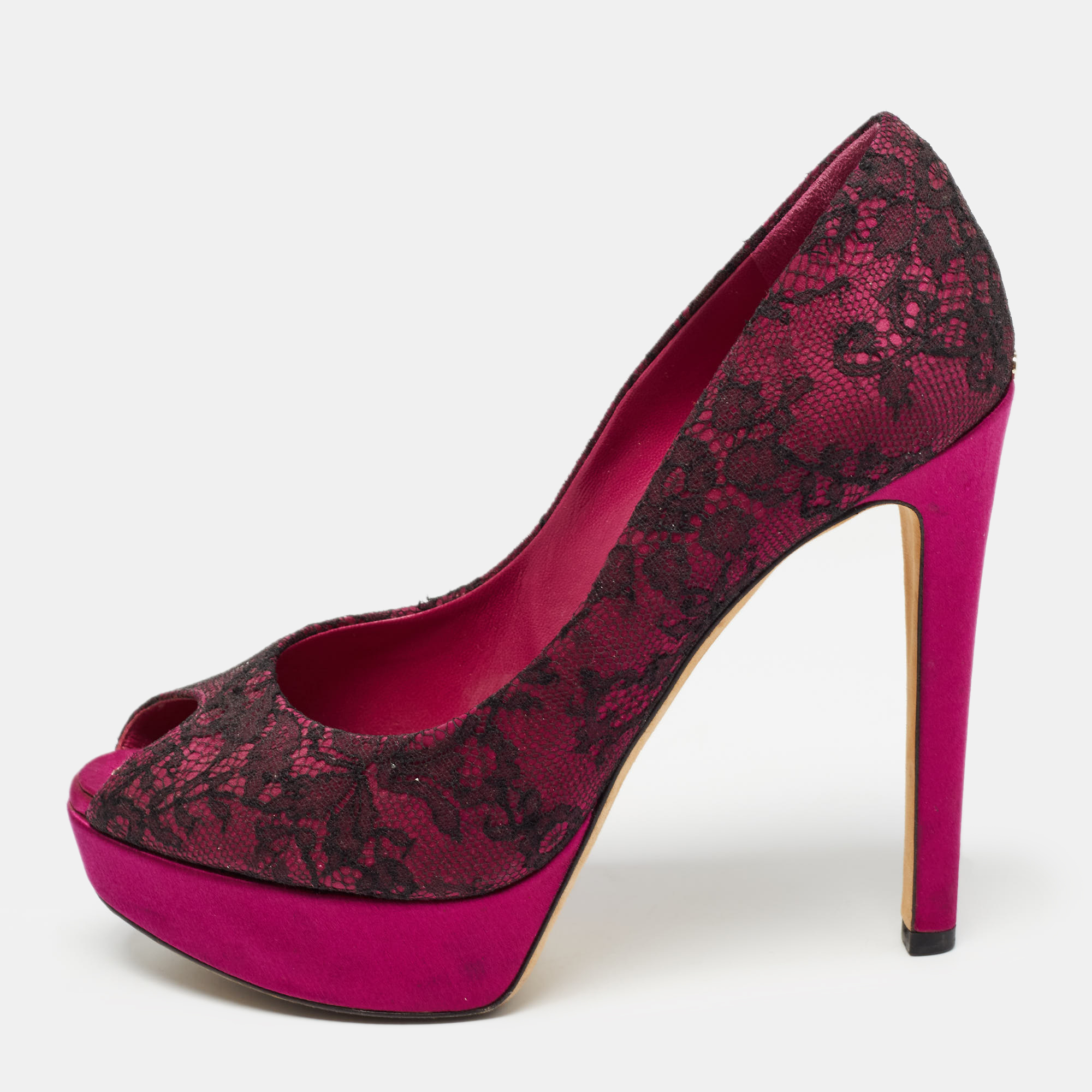 Dior purple/black satin and lace peep toe platform pumps size 39