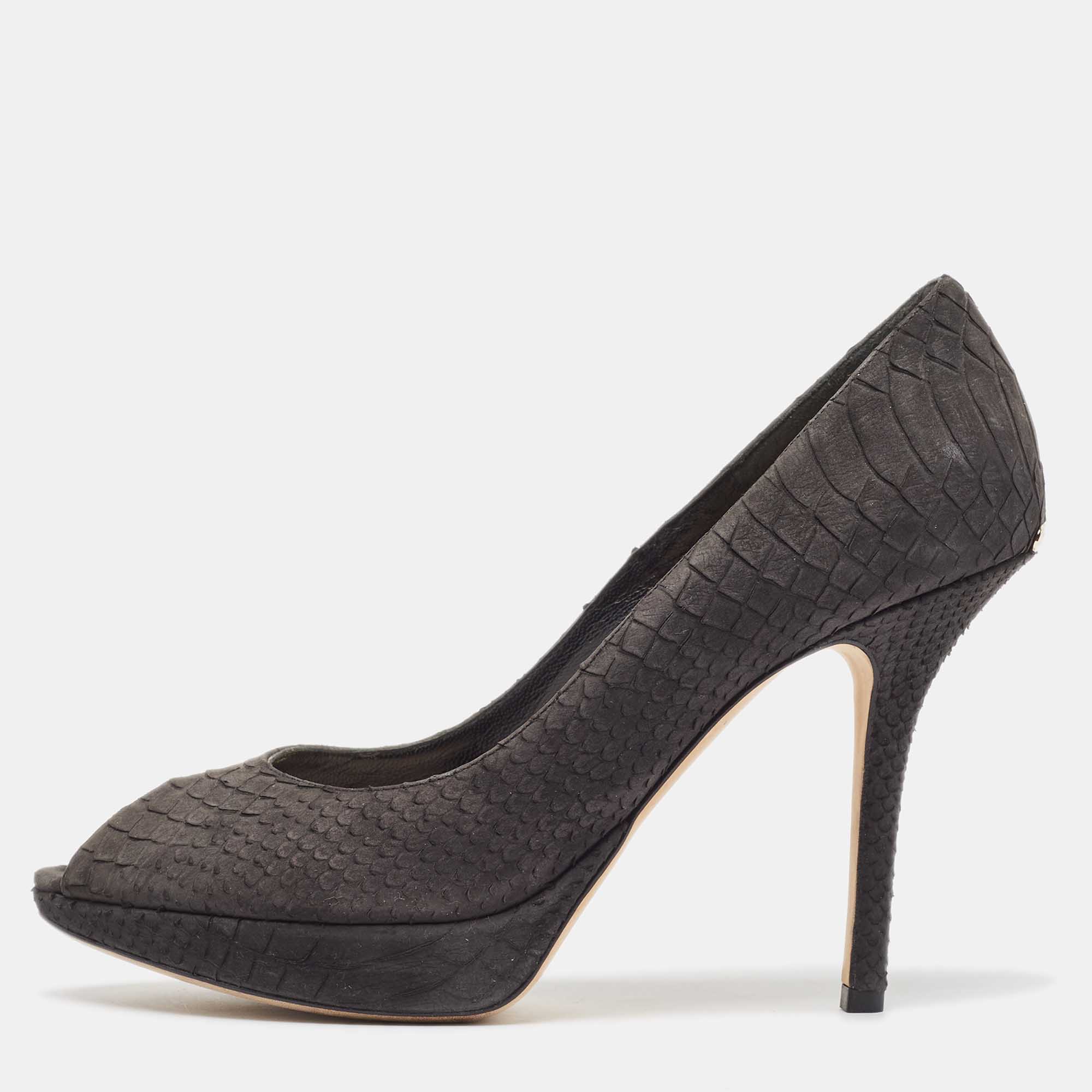 Dior dark grey python embossed leather miss dior peep toe pumps size 39