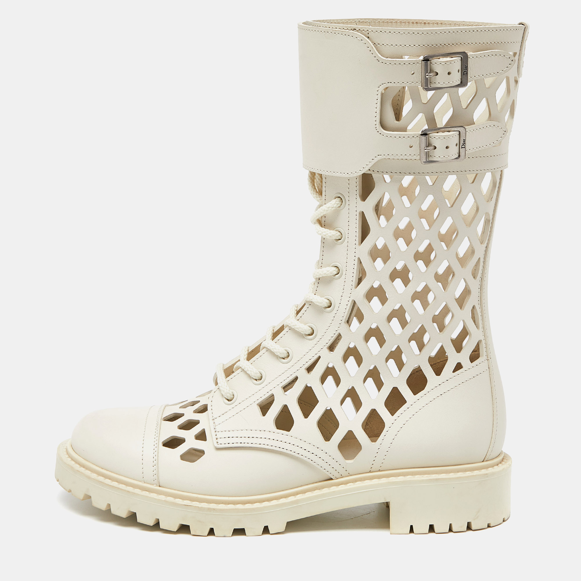 

Dior White Cut Out Leather Buckle Details Mid Calf Boots Size